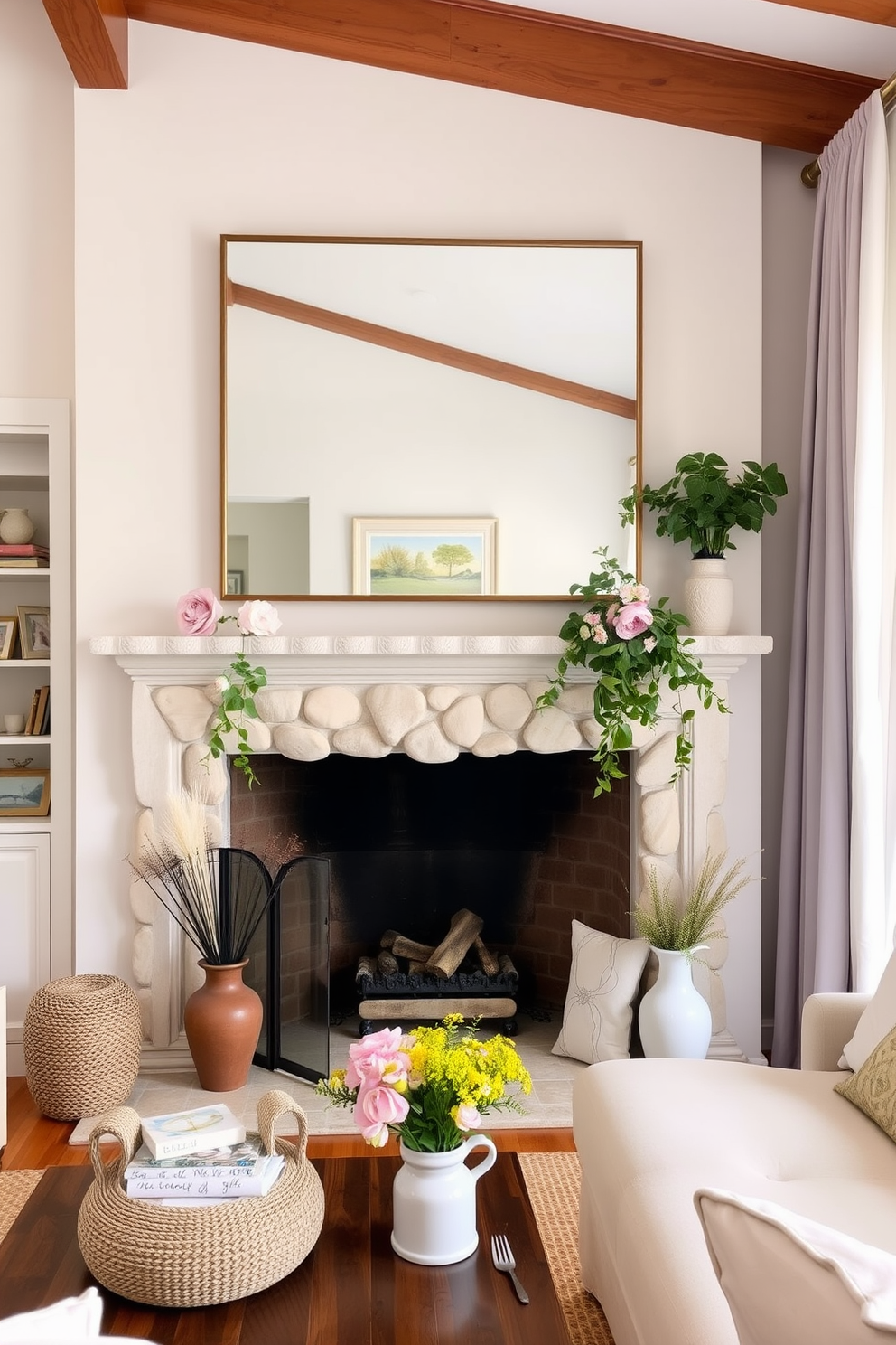 A cozy living room with a summer vibe. The fireplace is adorned with light-colored stones and decorated with fresh flowers and vibrant greenery. A large mirror is hung above the mantel to reflect natural light and enhance the spaciousness of the room. Soft pastel colors dominate the decor, creating a warm and inviting atmosphere.