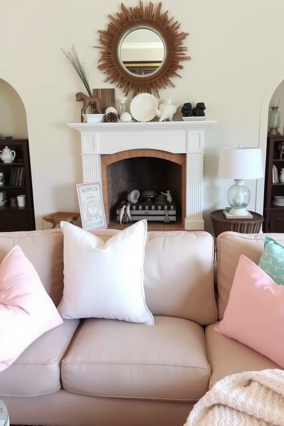 A cozy living room setting featuring a comfortable sofa adorned with light pastel throw pillows in soft pinks and blues. The focal point is a charming fireplace, elegantly decorated with summer-themed accents such as seashells and driftwood, creating a warm and inviting atmosphere.