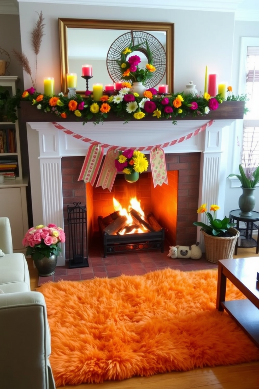 A cozy living room featuring a summer fireplace adorned with vibrant decorations. The mantel is decorated with seasonal flowers and colorful candles, creating a warm and inviting atmosphere. A plush area rug in bright hues complements the space, adding a pop of color to the wooden floor. The fireplace is surrounded by comfortable seating, inviting relaxation and conversation.