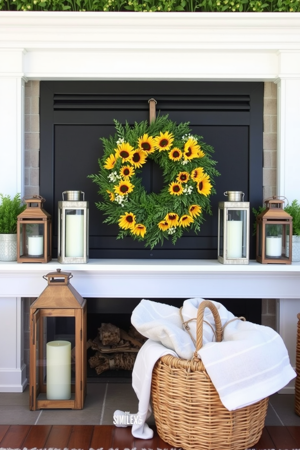 Create a cozy summer fireplace setting. The mantel is adorned with a vibrant summer-themed wreath, featuring sunflowers and greenery, bringing a touch of nature indoors. Flanking the fireplace, place two rustic wooden lanterns filled with candles for a warm glow. A woven basket filled with soft blankets sits nearby, inviting relaxation on a sunny afternoon.