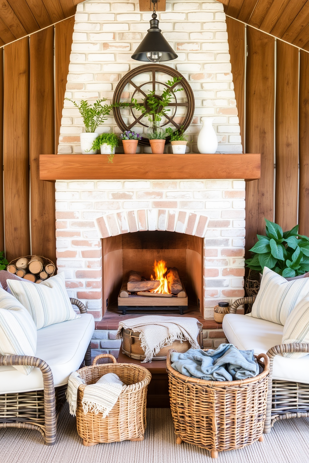 Create a cozy summer fireplace setting that incorporates natural wood elements for warmth. The fireplace is framed with reclaimed wood beams, and the mantel is adorned with potted plants and rustic decor. Surround the fireplace with comfortable seating, featuring soft cushions in light, airy fabrics. A woven basket filled with blankets sits nearby, inviting relaxation and a sense of comfort.