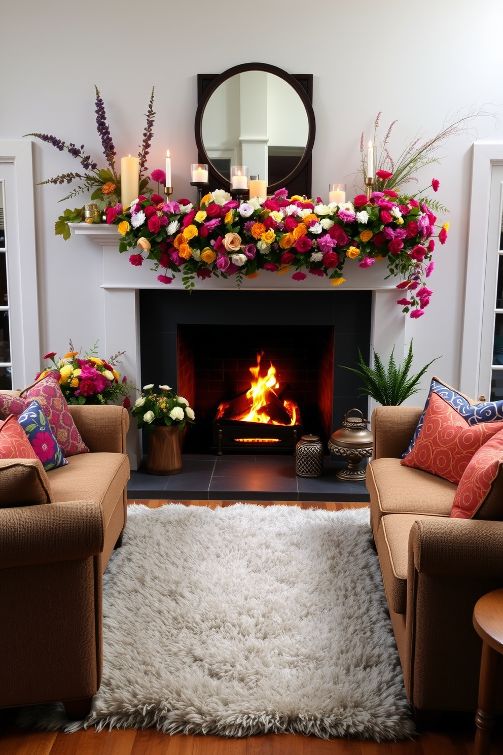 A cozy living room setting with a summer fireplace as the focal point. The fireplace is adorned with vibrant floral arrangements and decorative candles, creating a warm and inviting atmosphere. Nearby seating features plush sofas with an array of vibrant cushions in various patterns and colors. A soft area rug lies beneath the seating arrangement, adding texture and comfort to the space.