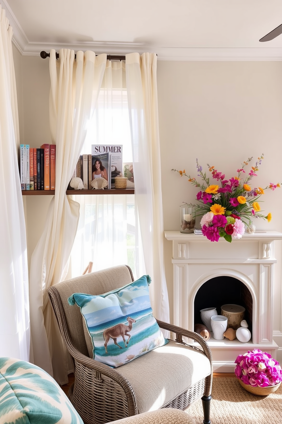 A cozy reading nook featuring a collection of summer-themed books and magazines artfully arranged on a wooden shelf. Soft natural light filters through sheer curtains, creating a warm and inviting atmosphere. A charming fireplace adorned with summer decorations such as seashells, driftwood, and vibrant floral arrangements. The mantel is painted in a light pastel color, complementing the seasonal decor and enhancing the overall summer vibe.