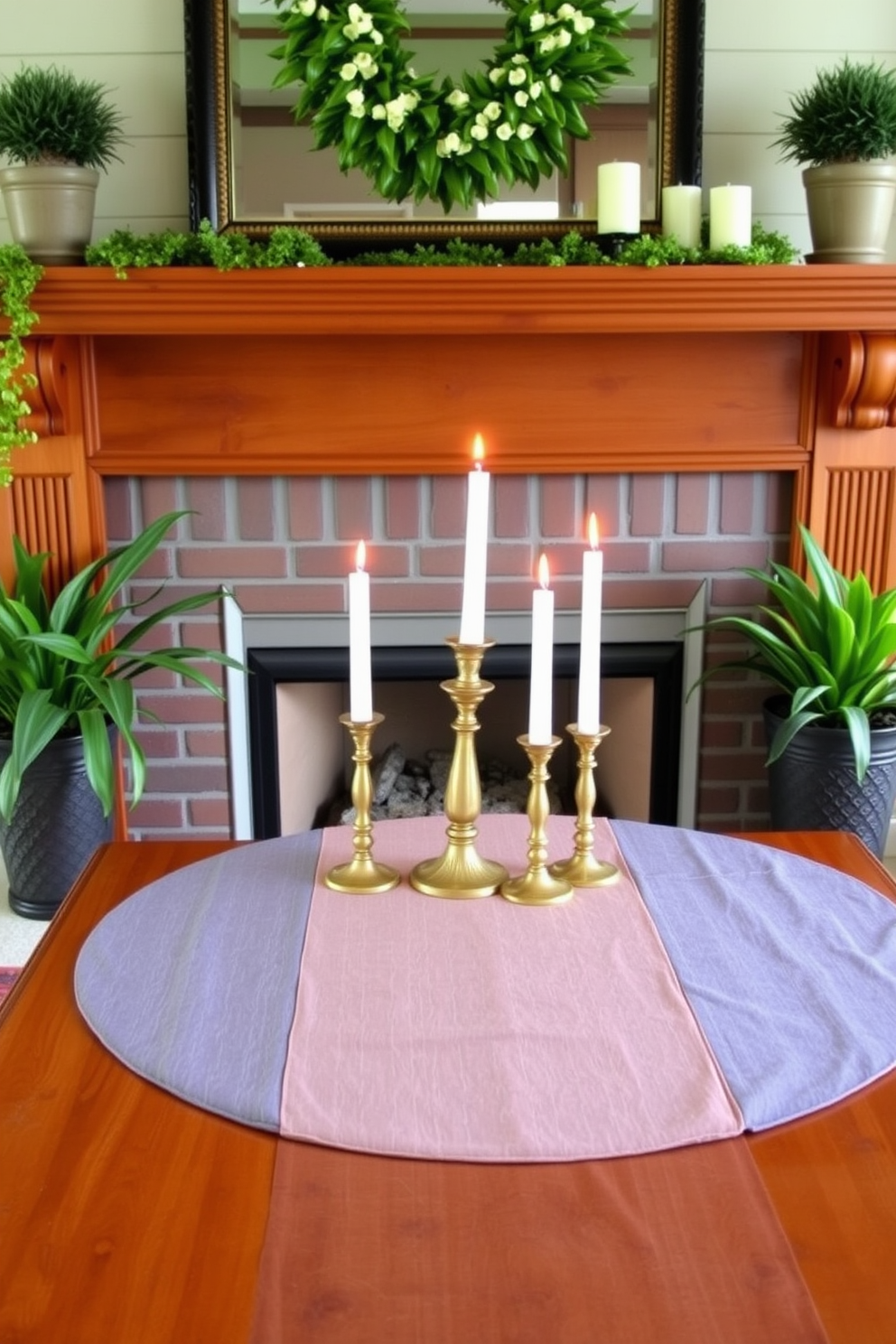 A cozy summer fireplace setting adorned with a bright table runner that contrasts beautifully against the warm tones of the mantel. Flanking the fireplace, there are potted plants that add a touch of greenery, while a collection of decorative candles in varying heights creates an inviting atmosphere.