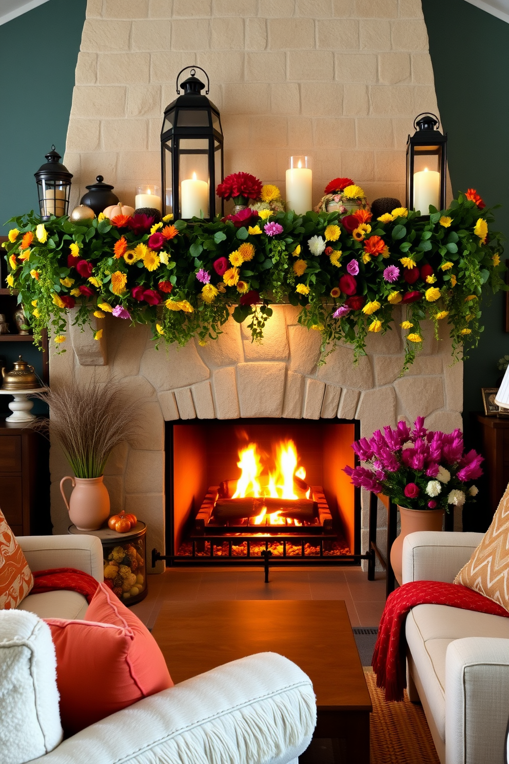 A cozy summer living room features a beautiful fireplace adorned with decorative lanterns that cast a warm glow. The mantel is decorated with vibrant summer flowers and seasonal accents, creating an inviting atmosphere. Plush seating arrangements surround the fireplace, inviting relaxation and conversation. Soft throw blankets and colorful cushions add comfort and style to the space.