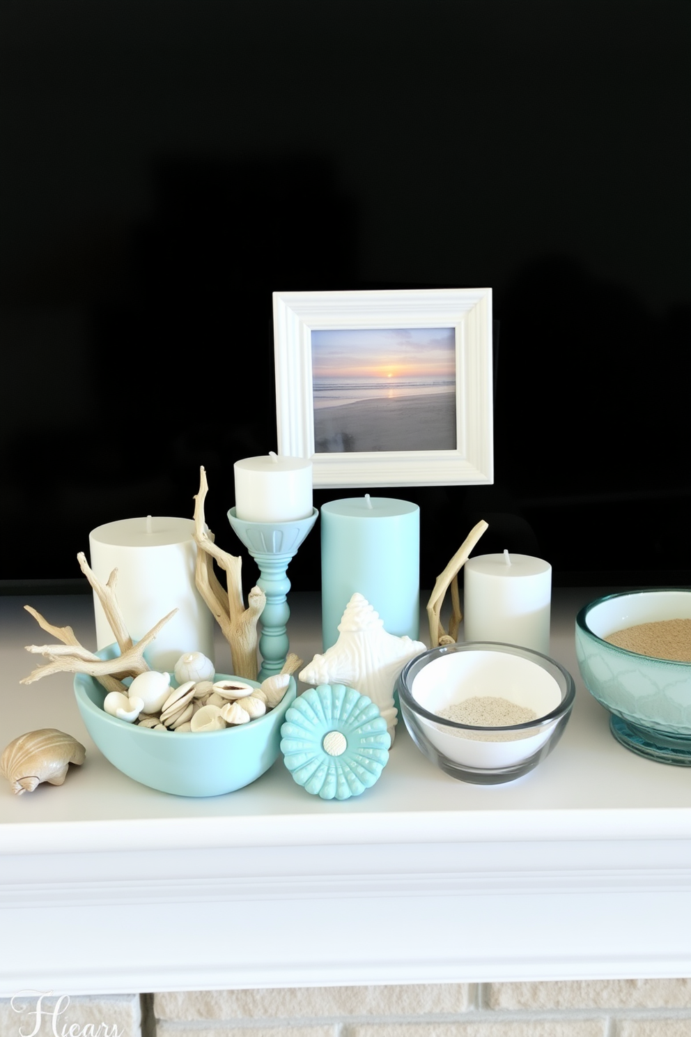 Create a mini beach scene on the mantel. Arrange seashells, small pieces of driftwood, and a few candles in varying heights to evoke a coastal vibe. Incorporate a small framed photo of a beach sunset and a decorative bowl filled with sand. Use soft blue and white accents to enhance the summer theme and create a relaxing atmosphere.