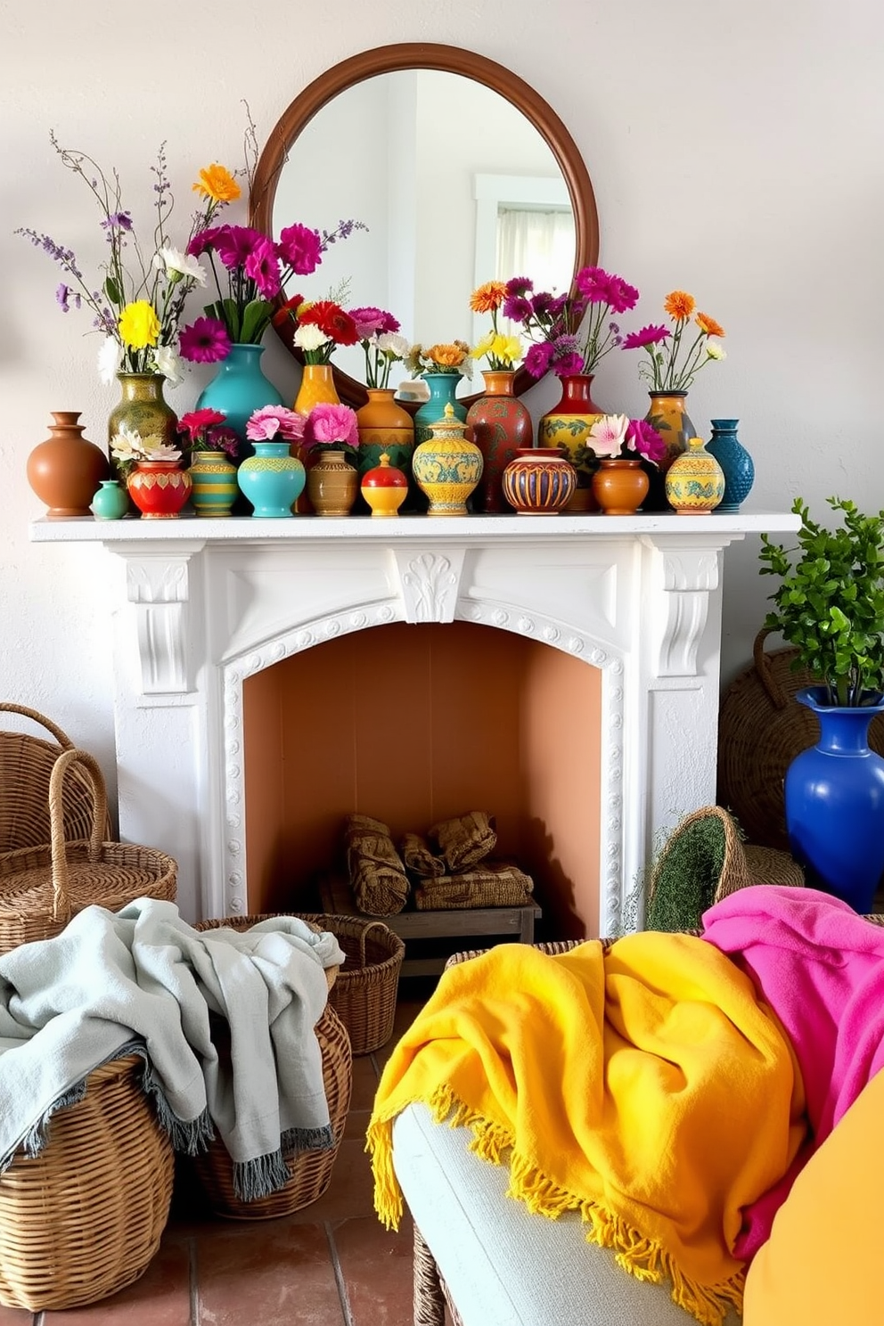 A cozy summer fireplace setting adorned with colorful pottery. The mantel is decorated with an array of vibrant ceramic vases filled with fresh flowers, creating a cheerful focal point. Around the fireplace, a selection of woven baskets adds texture and warmth. Soft, lightweight throws in bright hues are draped over a nearby seating area, inviting relaxation and comfort.