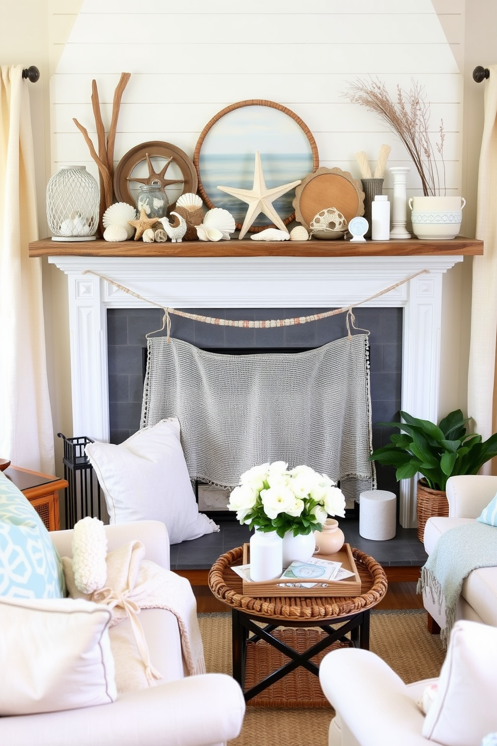 A cozy living room designed for summer with a fireplace as the focal point. The mantel is adorned with an assortment of seashells and beach-themed decor, including driftwood and nautical-inspired accents. Surrounding the fireplace, comfortable seating in light, airy fabrics invites relaxation. Soft throw blankets and cushions in pastel colors complement the summer theme, creating a warm and inviting atmosphere.