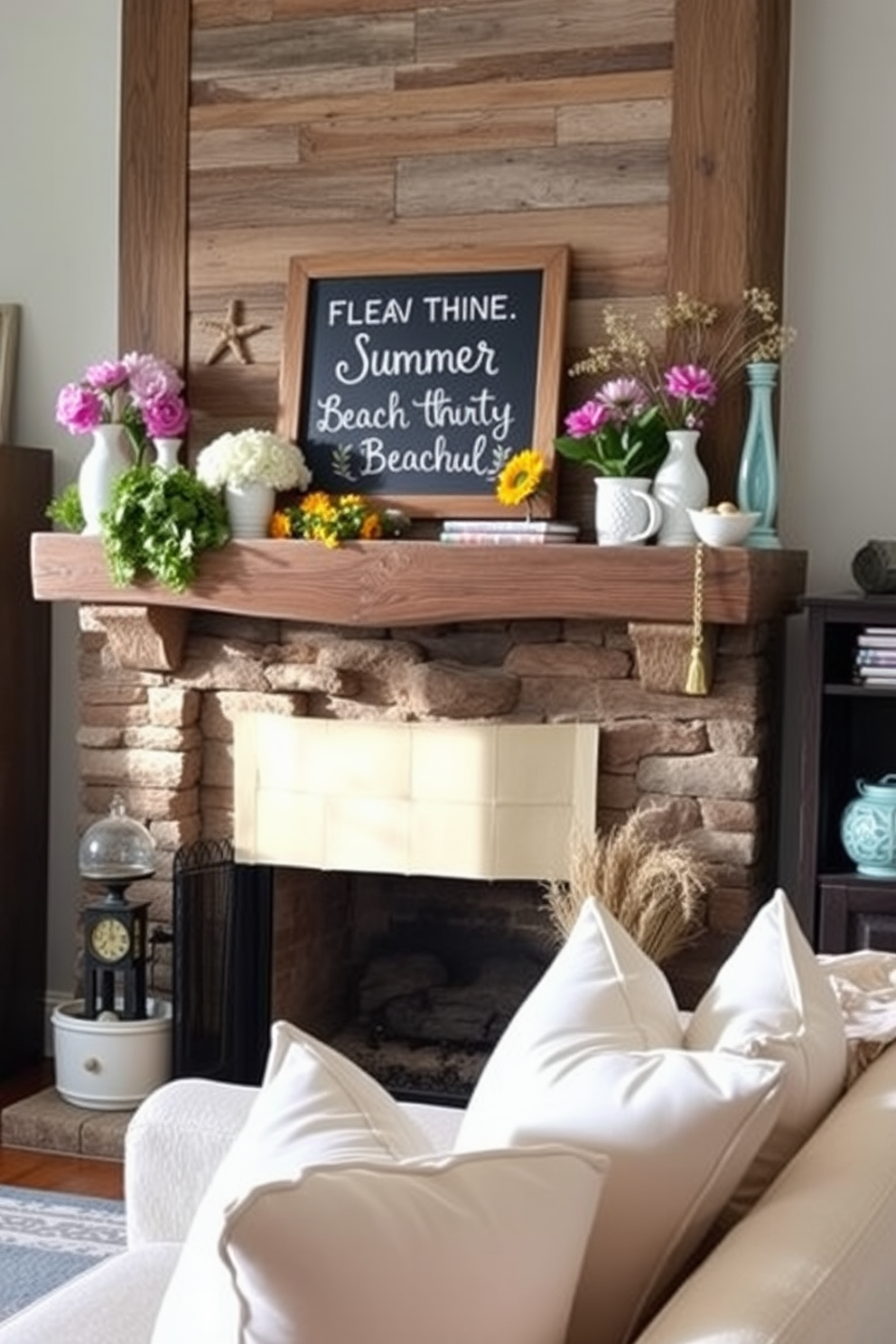 A cozy living room featuring a rustic fireplace adorned with summer-themed decorations. The mantel is decorated with a chalkboard displaying seasonal messages, surrounded by vibrant flowers and beach-themed accents. The fireplace itself is framed by a reclaimed wood structure, enhancing the warm ambiance. Soft, light-colored cushions are scattered across a plush sofa, inviting relaxation on a sunny afternoon.