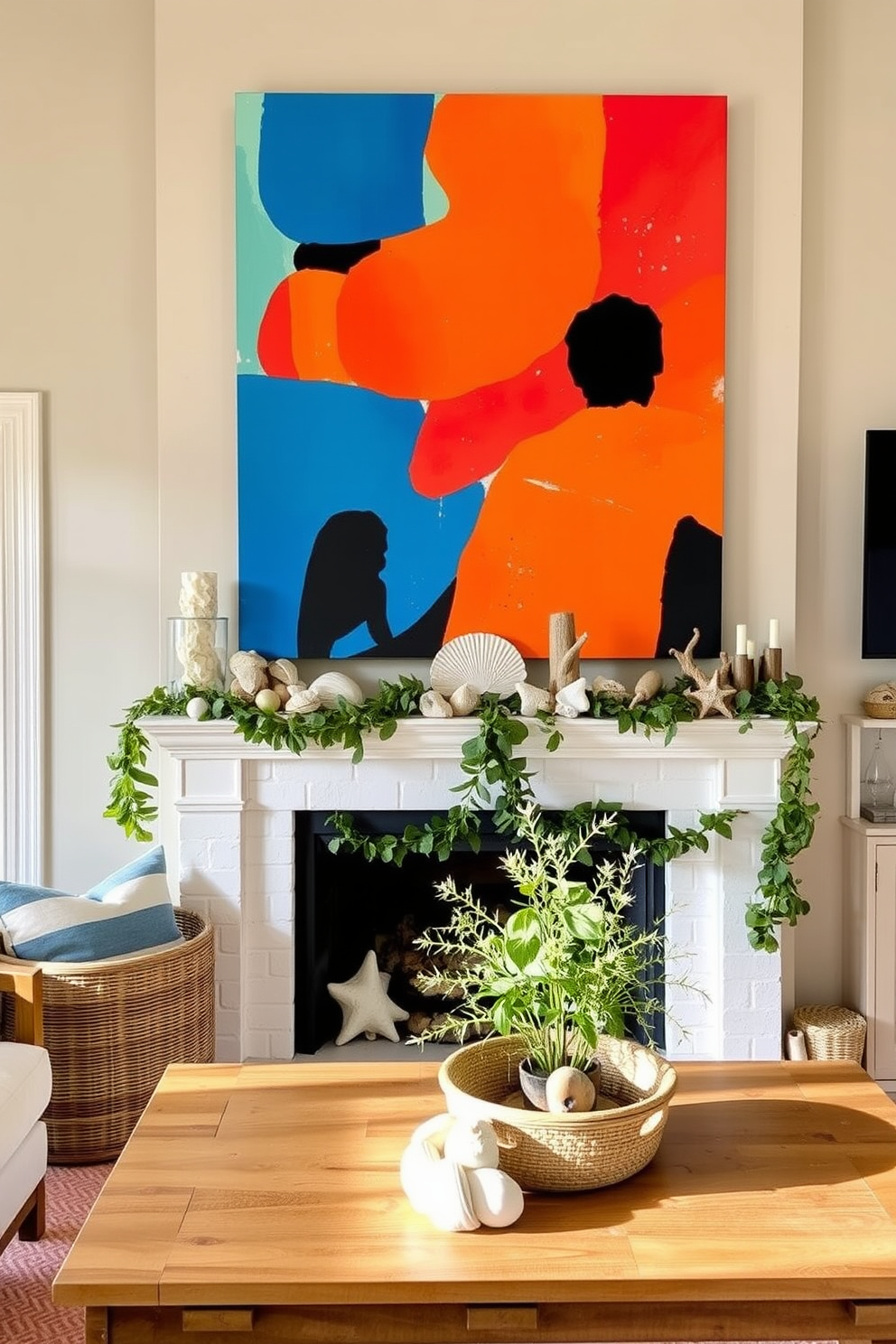 A large vibrant piece of art is displayed prominently on the main wall of the living room. The artwork features bold colors and dynamic shapes that draw the eye and serve as a conversation starter. The fireplace is adorned with summer-themed decorations, including seashells and driftwood. A light and airy garland of greenery drapes elegantly across the mantle, enhancing the seasonal feel.