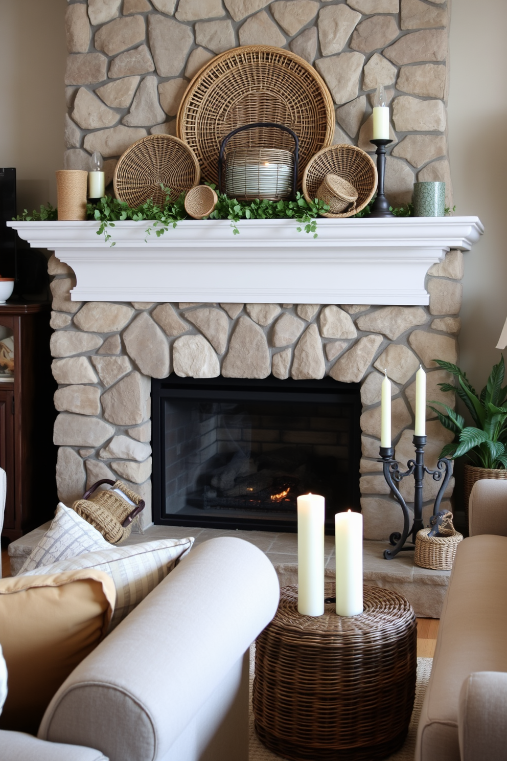 A cozy living room setting featuring a summer fireplace adorned with decorative woven baskets. The fireplace is surrounded by natural stone, and the mantel is decorated with fresh greenery and soft white candles.