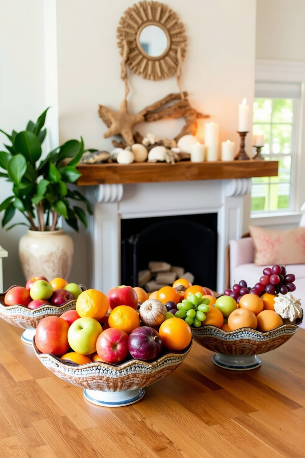 A vibrant kitchen scene showcasing fresh fruit displayed in decorative bowls. The bowls are arranged on a wooden countertop, with a mix of colorful fruits like apples, oranges, and grapes creating a lively centerpiece. A cozy living room setting featuring a summer fireplace decorated with seasonal accents. The mantel is adorned with seashells, driftwood, and light-colored candles, evoking a relaxed and inviting atmosphere.