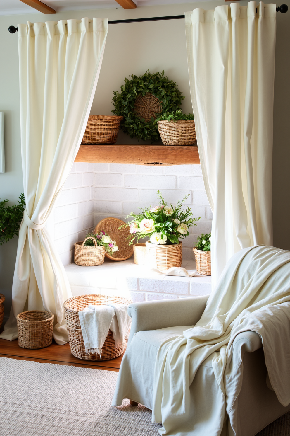 A cozy summer fireplace setting adorned with lightweight linen fabrics. Soft, sheer linen curtains frame the fireplace, allowing natural light to filter through while creating an airy ambiance. The fireplace is decorated with a collection of woven baskets filled with fresh flowers and greenery. A lightweight linen throw is casually draped over a plush armchair nearby, inviting relaxation and comfort.