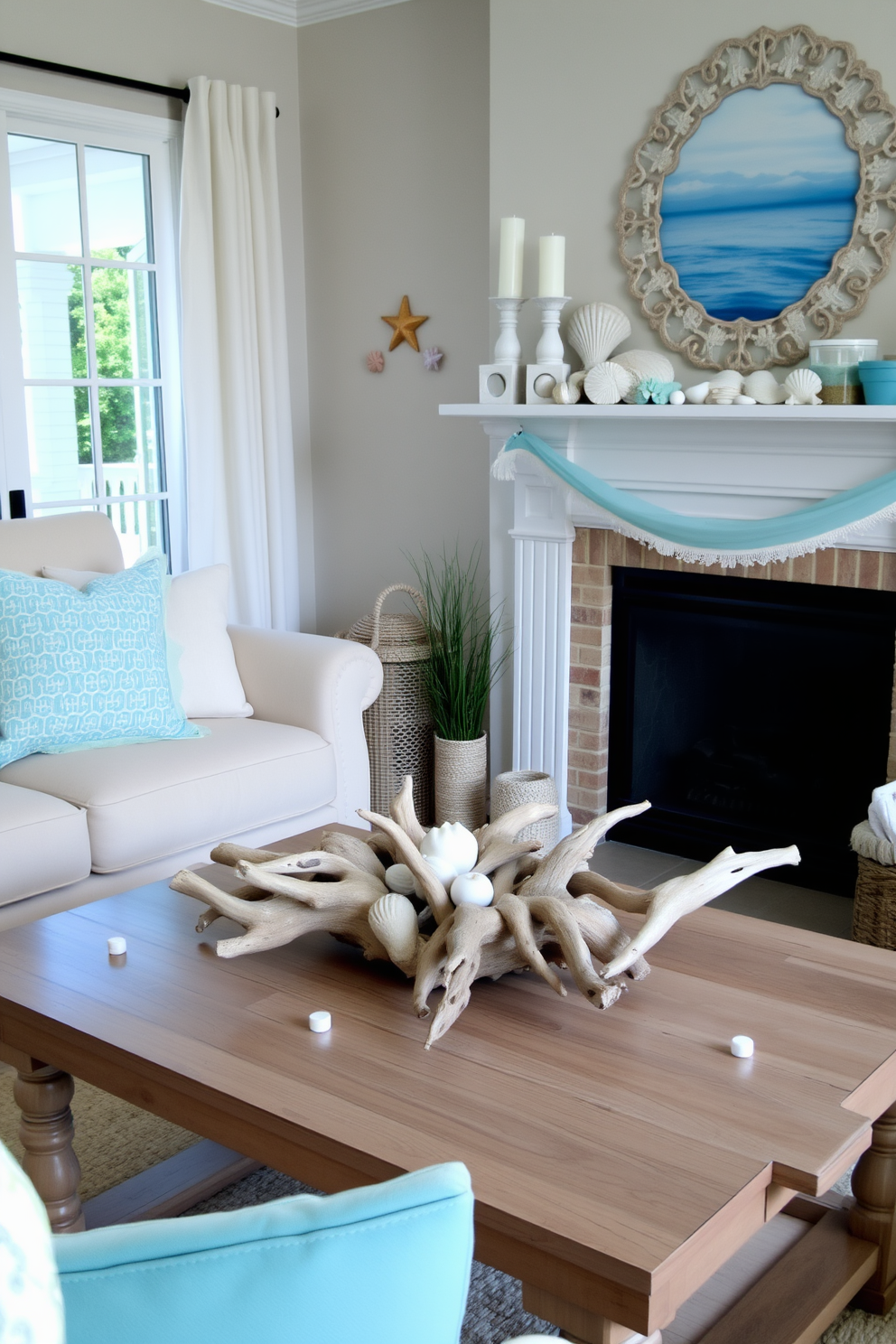 A cozy living room setting with a driftwood centerpiece on the coffee table, adding a touch of natural charm. The fireplace is adorned with summer-themed decorations, featuring seashells and soft pastel colors that evoke a breezy coastal vibe.