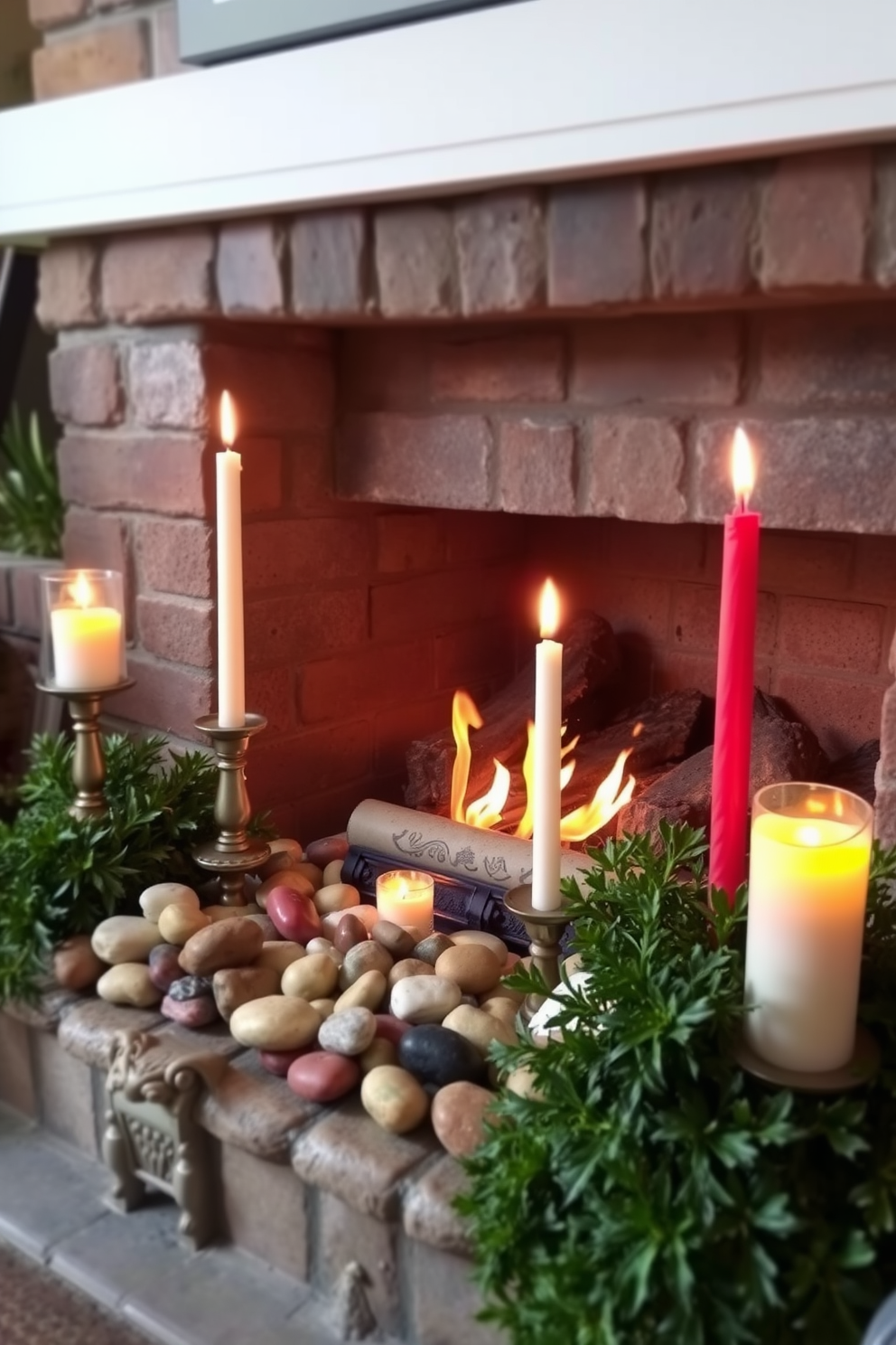 A cozy summer fireplace setting adorned with bright candles of varied heights creates a warm and inviting atmosphere. The fireplace is surrounded by a mix of colorful decorative stones and lush greenery, enhancing the seasonal charm.