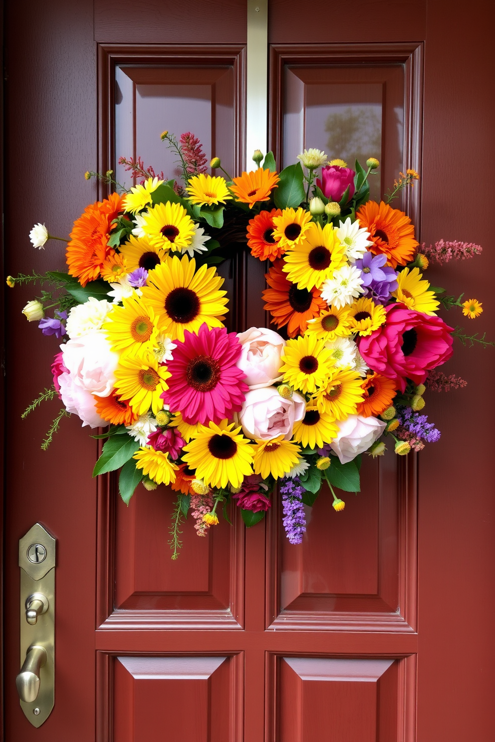 A bright floral wreath adorned with vibrant colors hangs on a charming front door. The wreath features an array of summer blooms including sunflowers, daisies, and peonies, creating a welcoming and cheerful entrance.