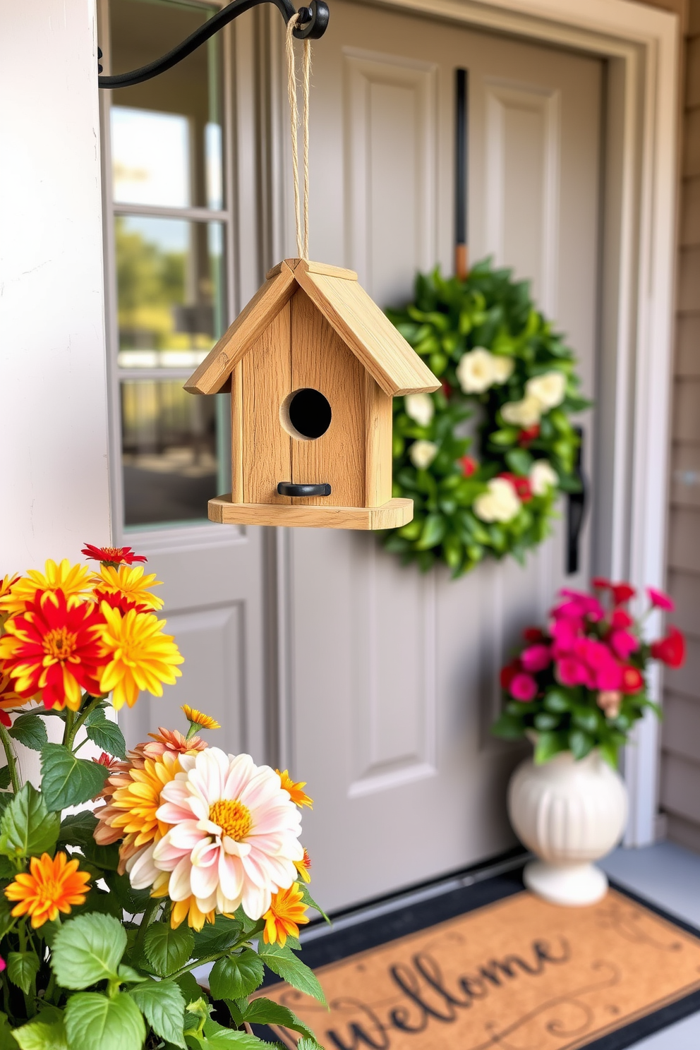 A charming birdhouse hangs gracefully near the entrance, crafted from natural wood with a rustic finish. Surrounding the birdhouse are vibrant flowers in full bloom, adding a splash of color to the welcoming atmosphere. The front door is adorned with a beautiful wreath made of fresh greenery and seasonal accents. A cozy doormat with a cheerful greeting completes the inviting look of this summer entrance.