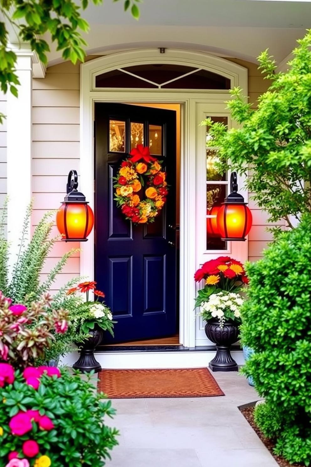 Brightly colored lanterns flanking the door create a warm and inviting entrance. The vibrant hues of the lanterns complement the surrounding greenery, adding a cheerful touch to summer front door decorating ideas.