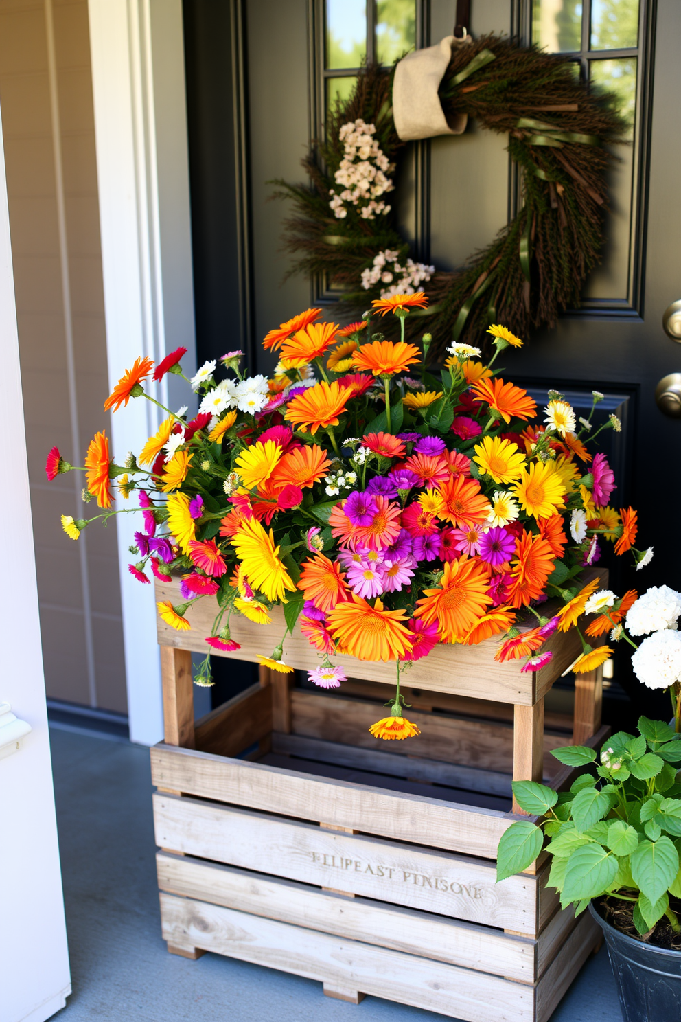 A rustic wooden crate overflowing with vibrant blooms sits on a charming porch. The front door is adorned with a simple yet elegant wreath, welcoming guests with a touch of summer warmth.