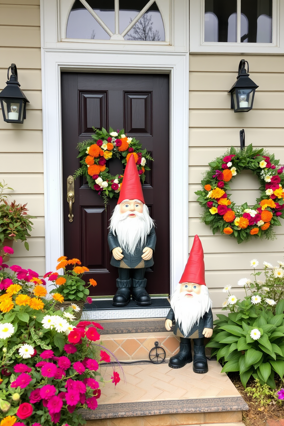 A whimsical garden gnome stands cheerfully near the porch, surrounded by vibrant flowers and lush greenery. The front door is adorned with a colorful wreath made of seasonal blooms, inviting warmth and charm to the entrance.