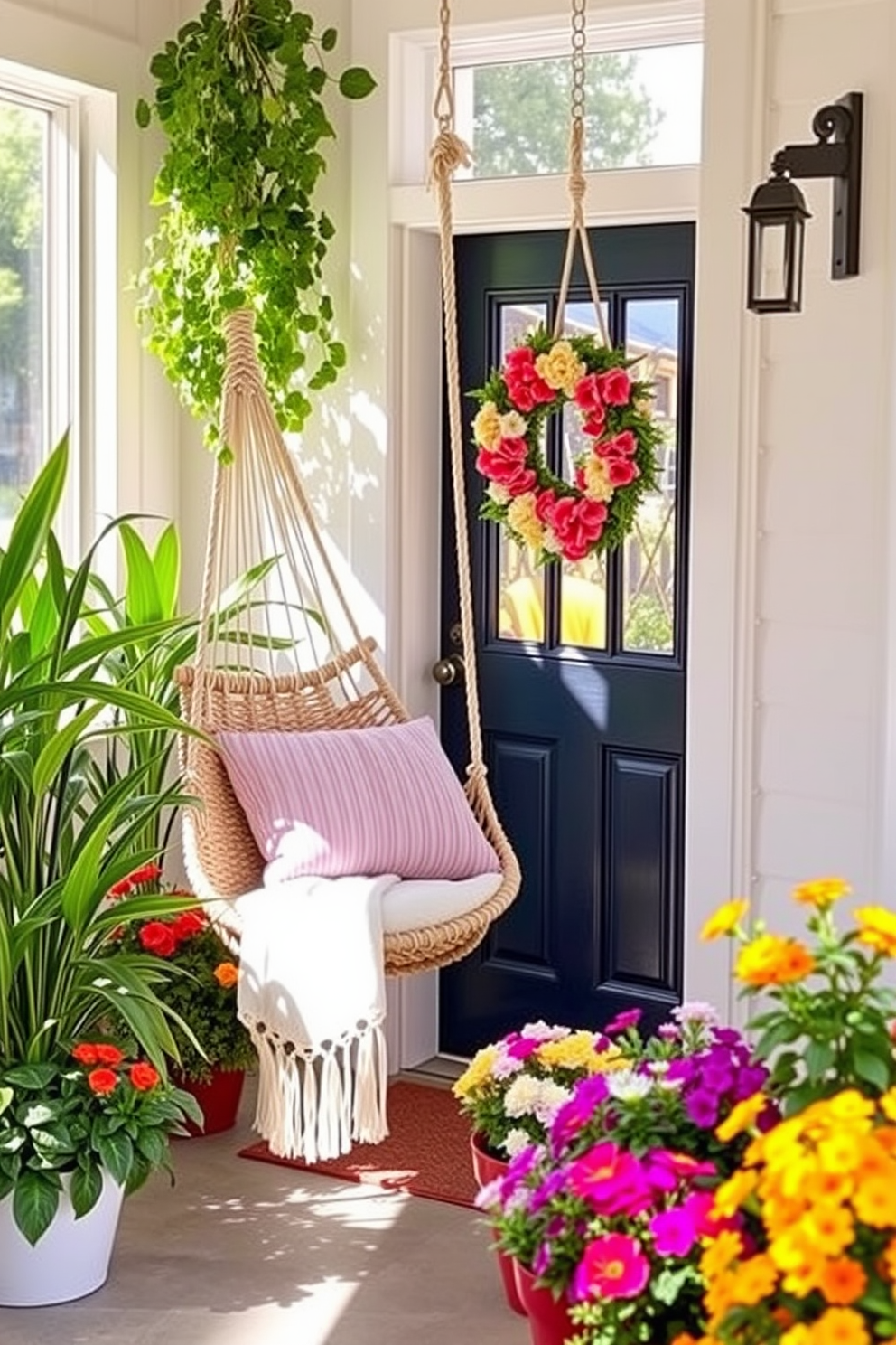 A cozy hammock chair hangs in a sunlit corner, surrounded by lush green plants and soft throw pillows. The chair's woven texture adds warmth to the space, inviting relaxation and comfort. Brightly colored flower pots line the entrance, creating a cheerful ambiance for summer. A welcoming wreath made of vibrant blooms adorns the front door, enhancing the seasonal charm.