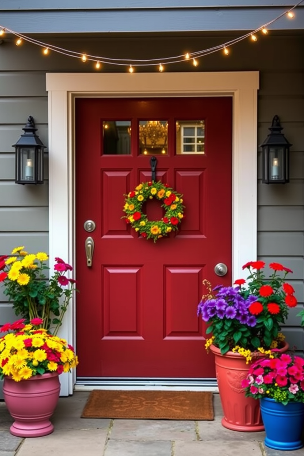 A charming front door adorned with vibrant summer flowers in colorful pots on either side. Above the door, delicate string lights are draped to create a warm and inviting evening ambiance.