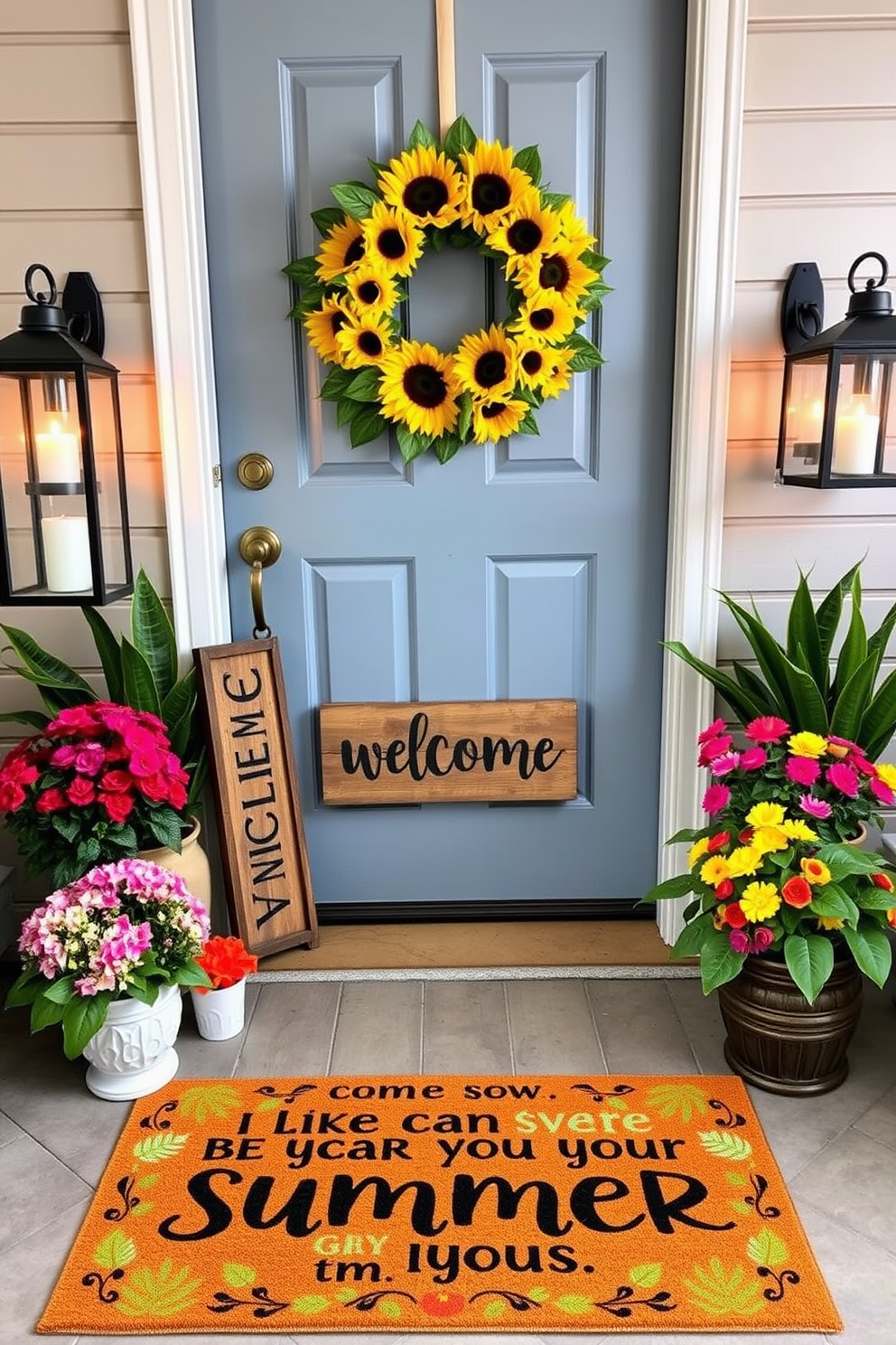 A vibrant seasonal doormat features playful summer quotes that bring a cheerful vibe to the entrance. Surrounding the doormat, colorful potted flowers and a rustic welcome sign enhance the inviting atmosphere of the front door. The front door is adorned with a bright wreath made of sunflowers and tropical leaves. Decorative lanterns on either side provide a warm glow, creating a welcoming entryway that celebrates the joys of summer.