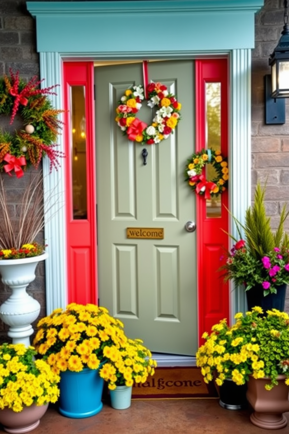 Brightly painted door in a vibrant hue serves as a focal point for the entrance. Surrounding the door, cheerful potted plants and seasonal decorations create an inviting atmosphere. Wreaths made of fresh flowers or colorful fabric add a touch of personality. The entryway is enhanced with a stylish welcome mat and tasteful outdoor lighting to complete the look.