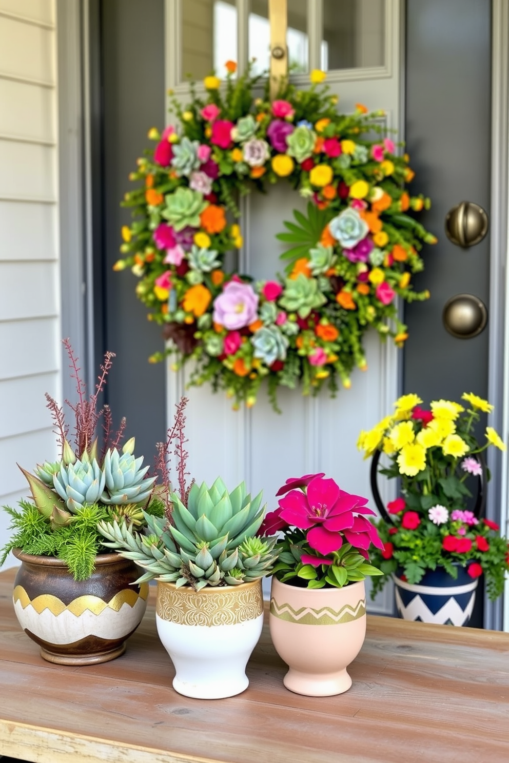 A vibrant succulent arrangement in decorative pots features a mix of varied textures and colors. The pots are placed on a rustic wooden table, enhancing the natural beauty of the plants. For summer front door decorating ideas, a cheerful wreath made of bright flowers and greenery adorns the door. Flanking the entrance, two stylish planters filled with seasonal blooms create a warm and inviting atmosphere.