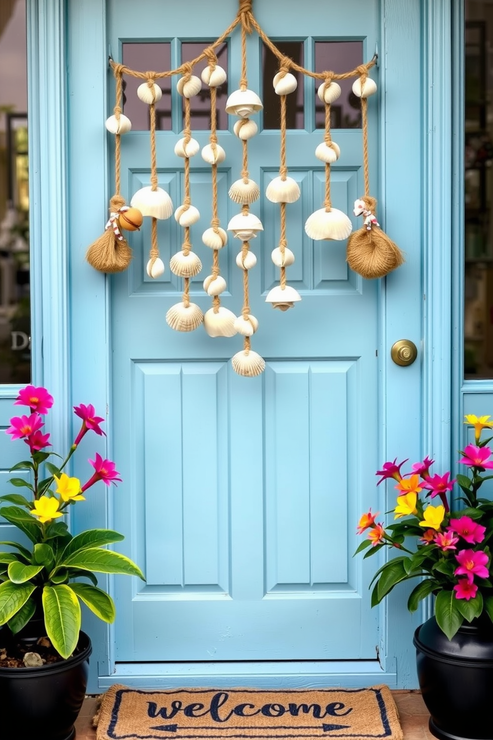 A charming front door adorned with hanging seashells creates a delightful coastal vibe. The door is painted in a soft ocean blue, and the seashells are strung together with natural jute twine, gently swaying in the breeze. Flanking the door, potted plants with vibrant tropical flowers add a splash of color. A welcome mat with a nautical theme completes the look, inviting guests into a serene seaside-inspired entryway.