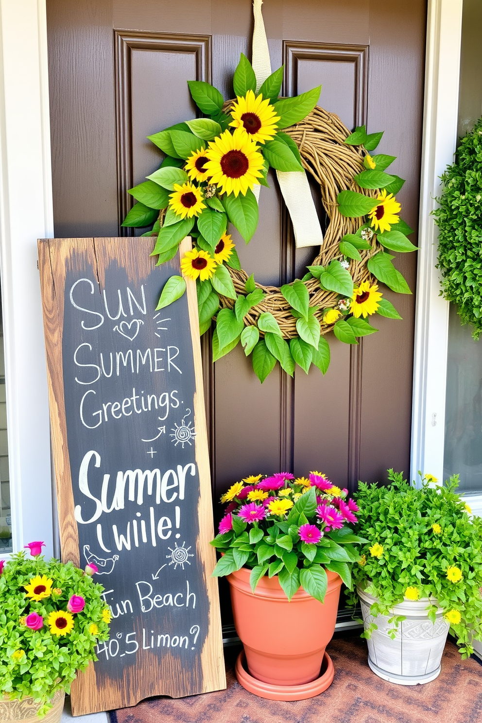 Chalkboard sign for summer greetings A rustic wooden chalkboard sign is propped against a vibrant flower pot filled with colorful summer blooms. Handwritten in white chalk are cheerful summer greetings surrounded by playful doodles of sun and beach elements. Summer Front Door Decorating Ideas A charming front door is adorned with a large woven wreath made of bright green leaves and cheerful sunflowers. Flanking the door, two potted plants with lush greenery add a welcoming touch to the entryway.