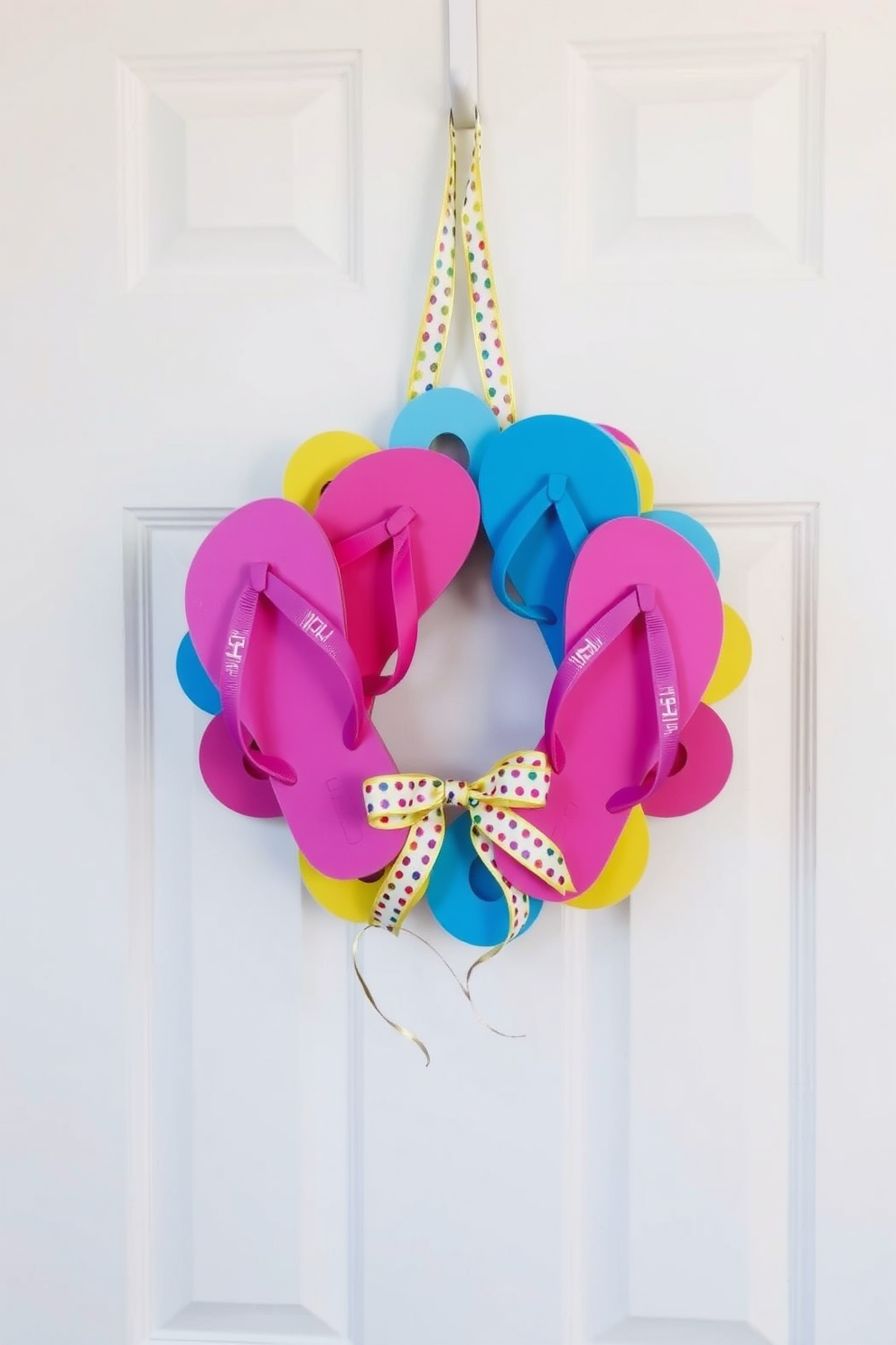 Adorable flip-flop door hanger decoration. The colorful flip-flops are arranged in a playful pattern, featuring vibrant hues of pink, blue, and yellow. The door hanger is crafted from lightweight material, ensuring it sways gently with the breeze. It is adorned with a cheerful ribbon that adds a touch of whimsy to the summer front door.