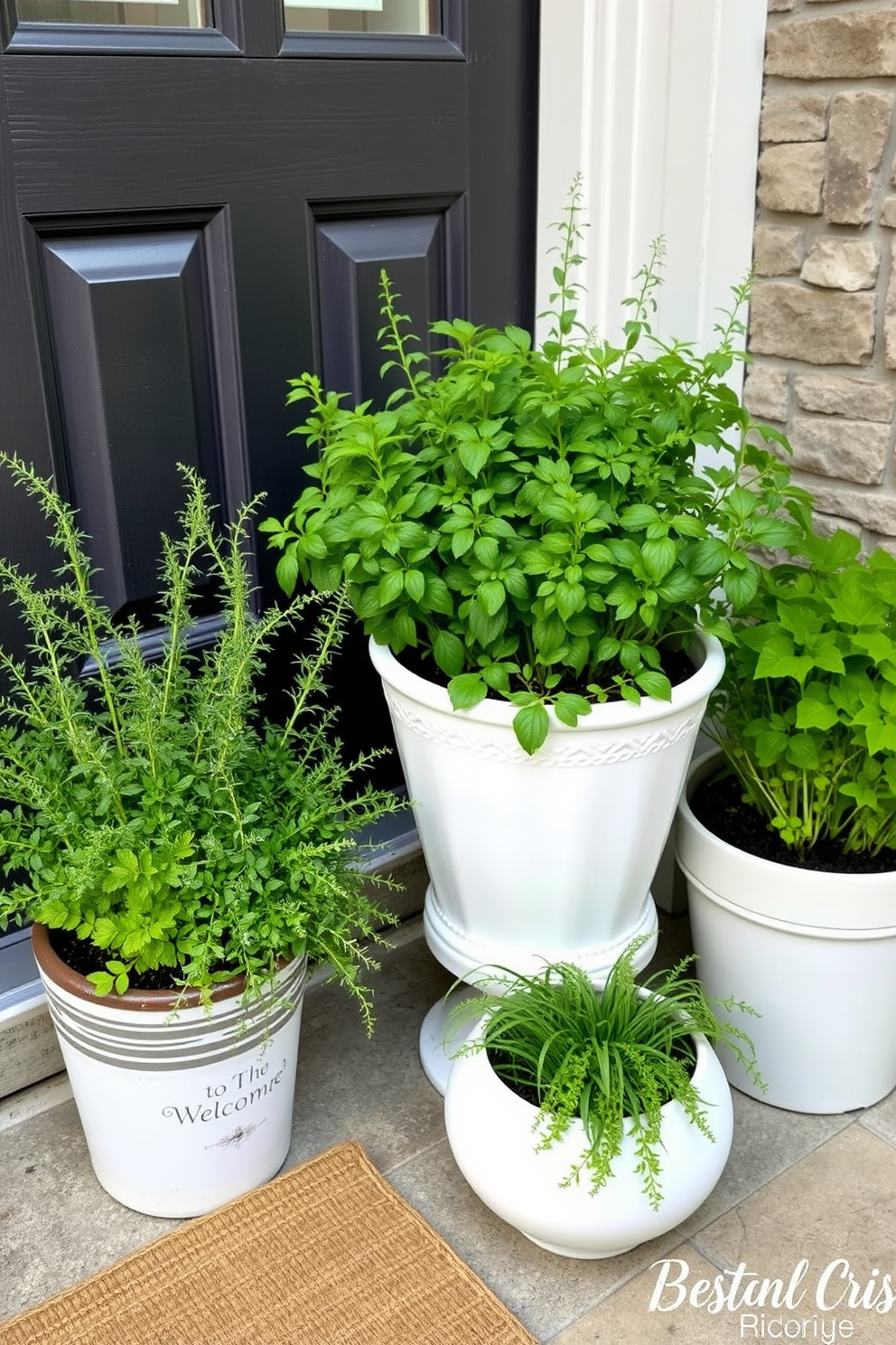 Fresh herbs in decorative pots by the door create a welcoming and vibrant entrance. The pots are arranged in a stylish manner, showcasing a variety of greenery that enhances the charm of the front door area.