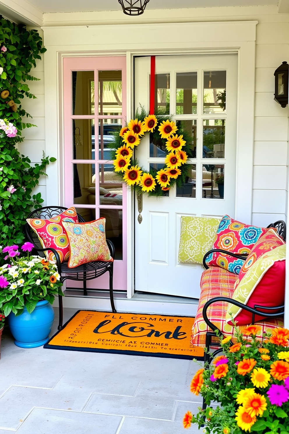 Colorful cushions in vibrant patterns adorn the outdoor seating area, creating a lively and inviting atmosphere. The seating is surrounded by lush greenery and blooming flowers, enhancing the cheerful ambiance. The front door is beautifully decorated for summer with a bright wreath made of sunflowers and greenery. A matching welcome mat complements the decor, inviting guests into a warm and cheerful home.