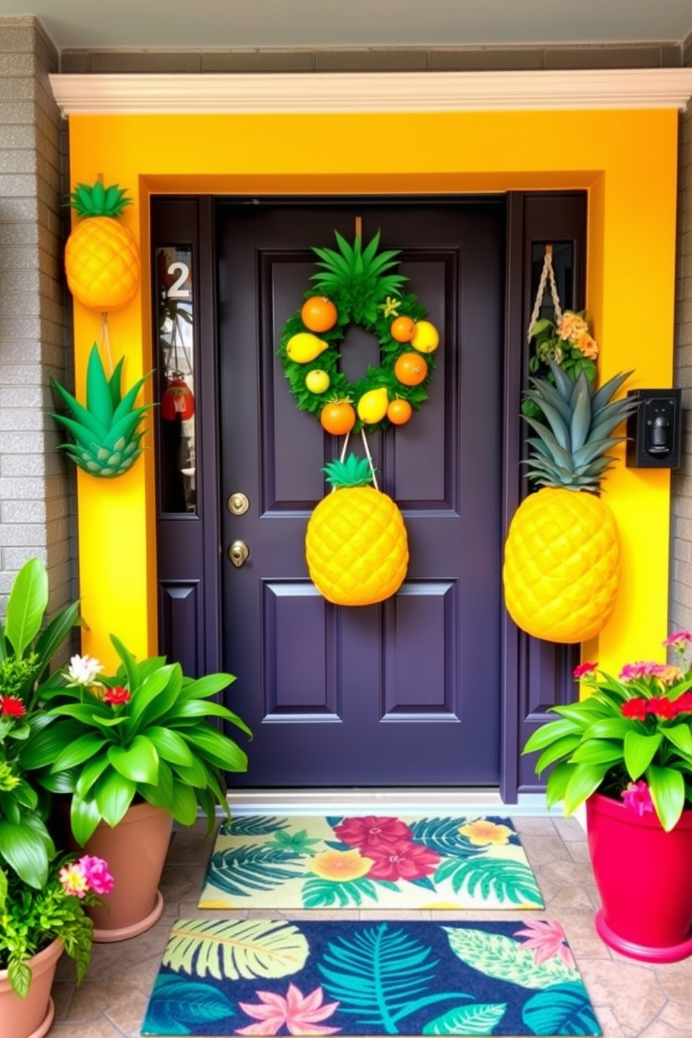 A vibrant front door adorned with tropical fruit accents creates a festive atmosphere. Brightly colored wreaths made of faux pineapples and citrus fruits hang on the door, inviting guests with a cheerful welcome. Potted plants with lush green leaves and colorful flowers flank the entrance. A doormat featuring tropical patterns adds a playful touch to complete the summer theme.