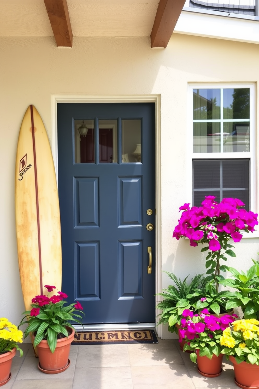 A vintage surfboard leans against the wall beside the front door, adding a playful touch to the entryway. Brightly colored potted plants flank the door, creating a vibrant and welcoming atmosphere.