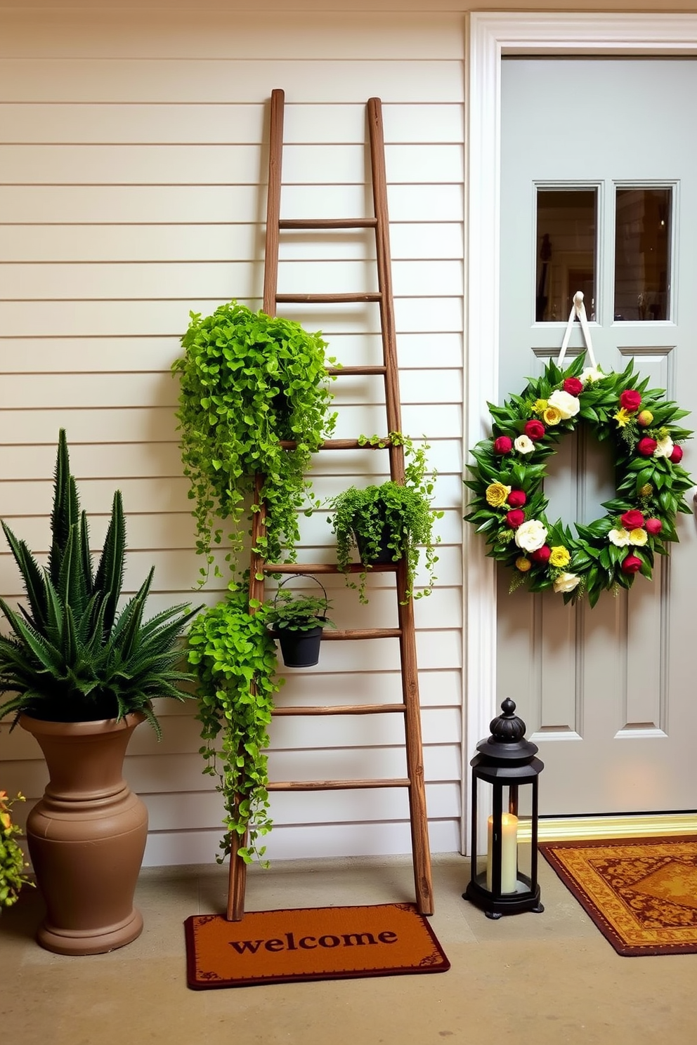 A decorative ladder leans against a light-colored wall, adorned with cascading green plants in various pots. The ladder creates a charming focal point, enhancing the space with a touch of nature and whimsy. At the base of the ladder, a small welcome mat invites guests, while a vibrant wreath hangs on the front door, featuring seasonal blooms. Soft lighting from a nearby lantern adds warmth to the inviting entrance.