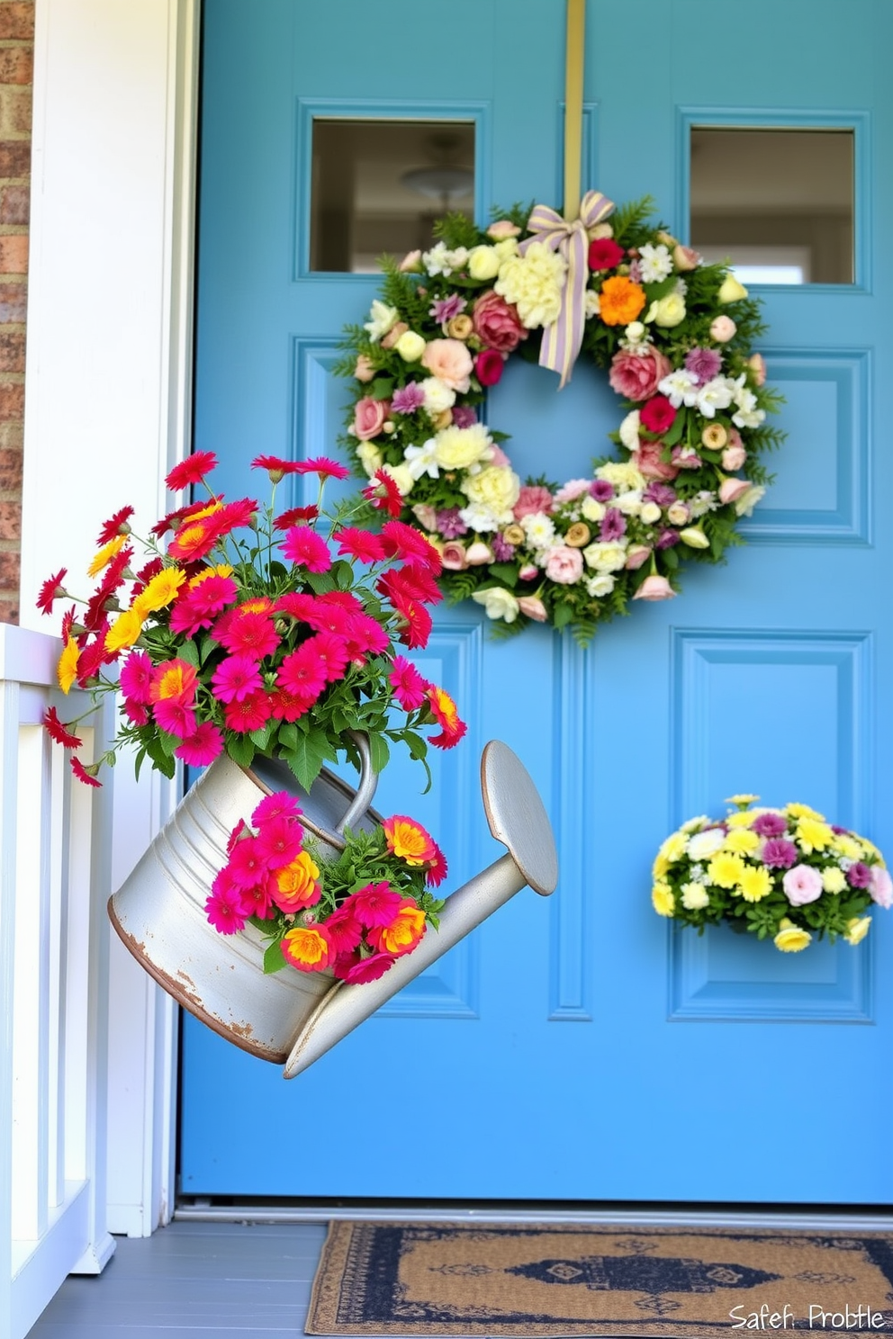 A charming porch adorned with a vintage watering can overflowing with vibrant flowers. The front door is painted a cheerful shade of blue, complemented by a welcoming wreath made of seasonal blooms.