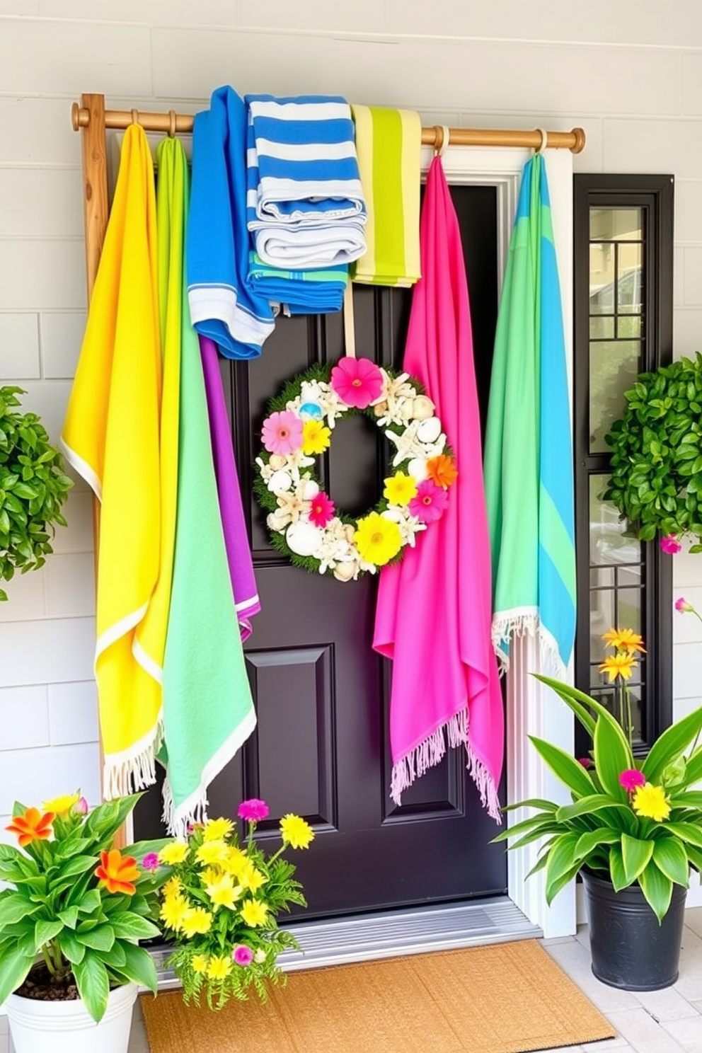 A vibrant beach towel display is arranged on a wooden rack, showcasing an array of colorful towels in bright hues of blue, yellow, and pink. The towels are neatly folded and creatively draped, inviting a playful and relaxed atmosphere. For summer front door decorating ideas, a cheerful wreath made of seashells and tropical flowers adorns the door. Flanking the entrance are potted plants with lush greenery and bright blooms, enhancing the welcoming vibe.