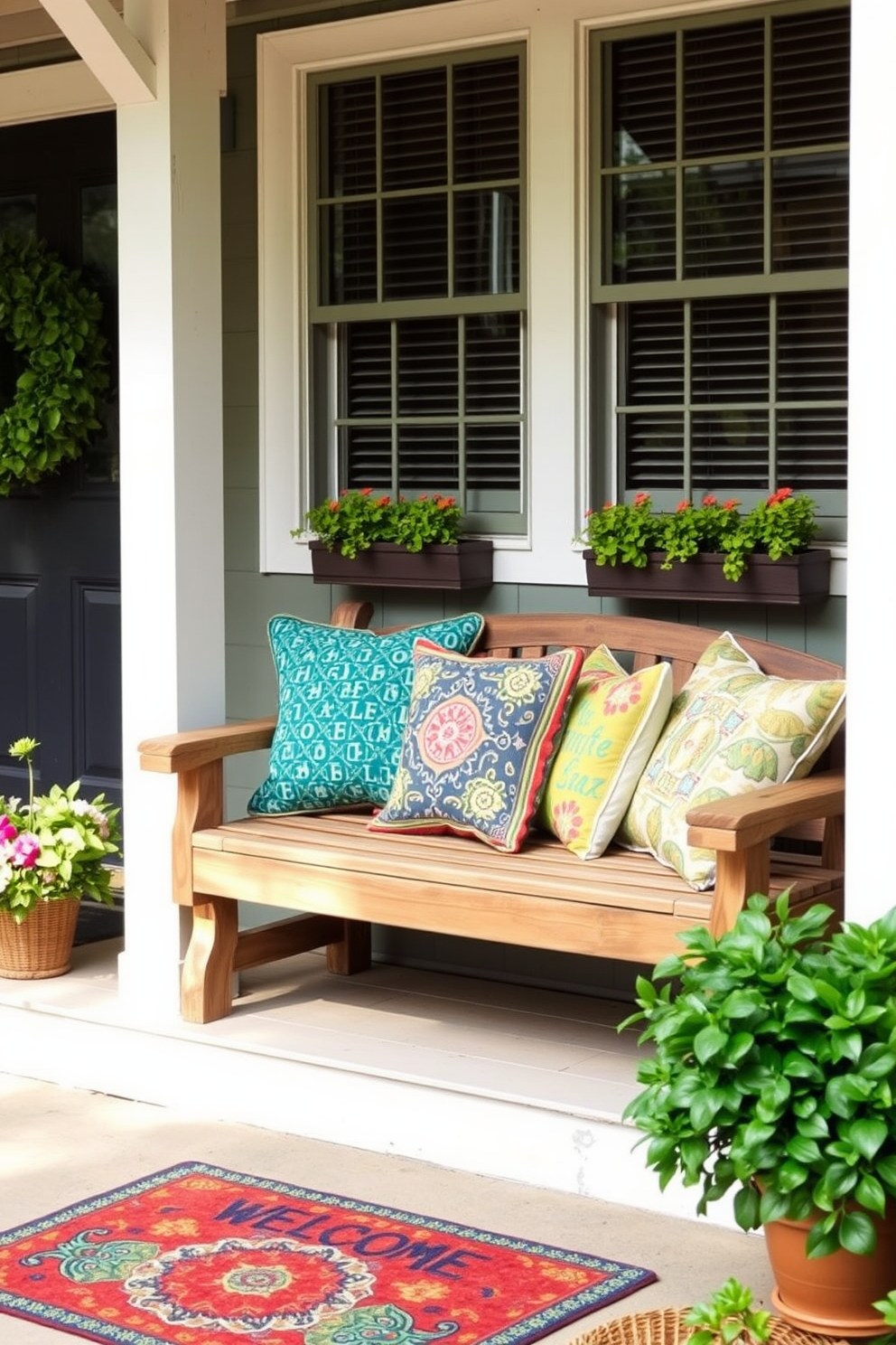 A rustic wooden bench is placed against a charming front porch, adorned with an array of colorful pillows that invite relaxation. The entrance is framed by lush potted plants and a vibrant welcome mat, creating a warm and inviting atmosphere.