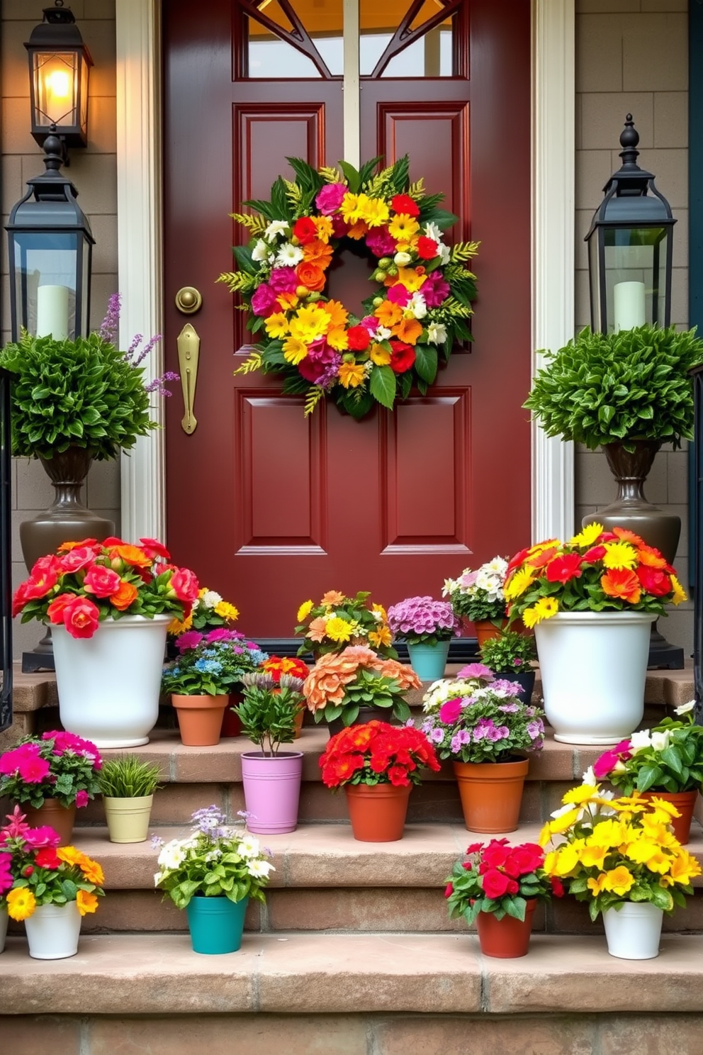 Colorful potted plants are arranged on the steps leading up to the front door, creating a vibrant and welcoming entrance. The plants feature a variety of blooms and foliage, adding life and color to the space. The front door is adorned with a cheerful summer wreath made of bright flowers and greenery. Flanking the door, elegant lanterns cast a warm glow, enhancing the inviting atmosphere.