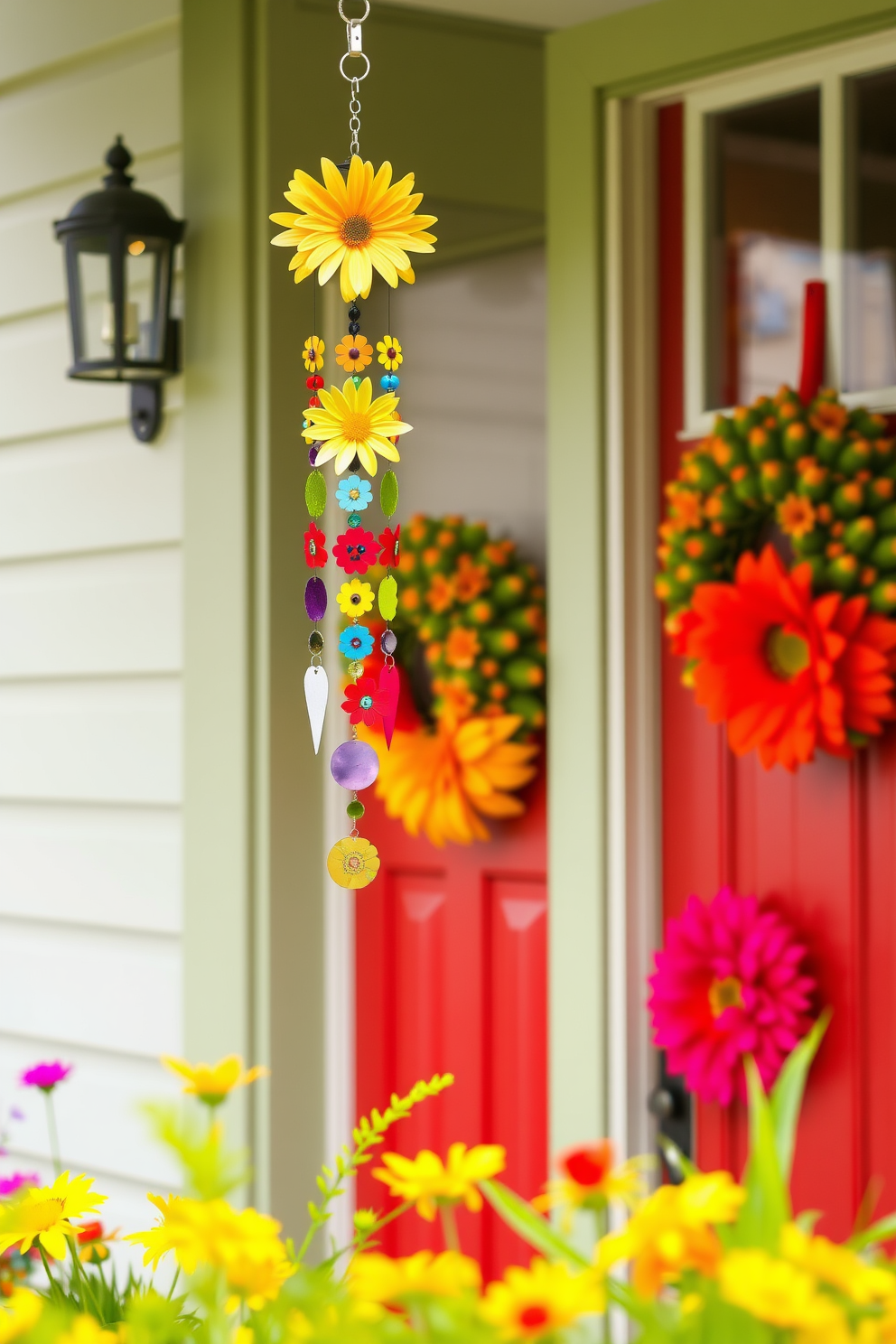 A charming front door adorned with vibrant summer decorations. Colorful hanging wind chimes sway gently in the breeze, creating a cheerful sound that welcomes guests.