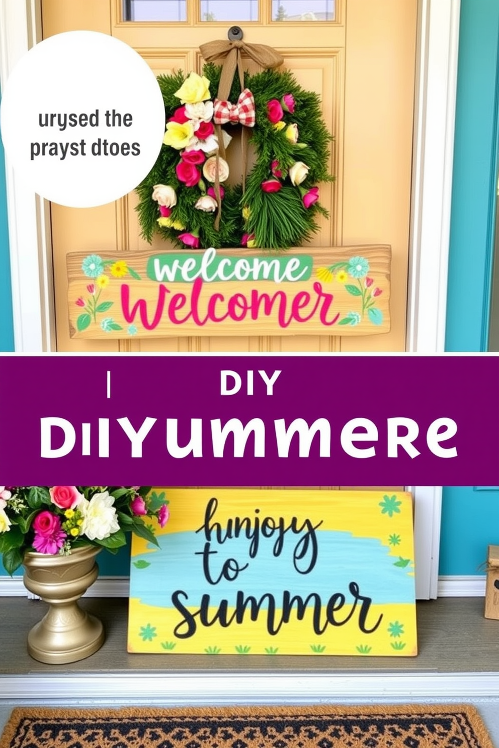 A charming DIY painted welcome sign for summer hangs on the front door. The sign features bright colors and playful designs, inviting guests to enjoy the warm season. Summer front door decorating ideas include vibrant wreaths made of faux flowers and greenery. A cozy doormat with a cheerful message complements the welcoming atmosphere.