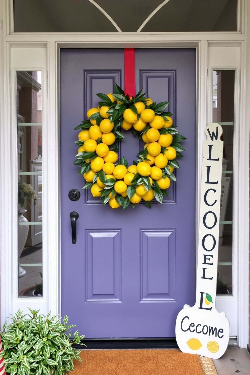 A vibrant front door adorned with lemon and citrus-themed decorations. Bright yellow lemons and green leaves are arranged in a wreath, complemented by a cheerful welcome sign.