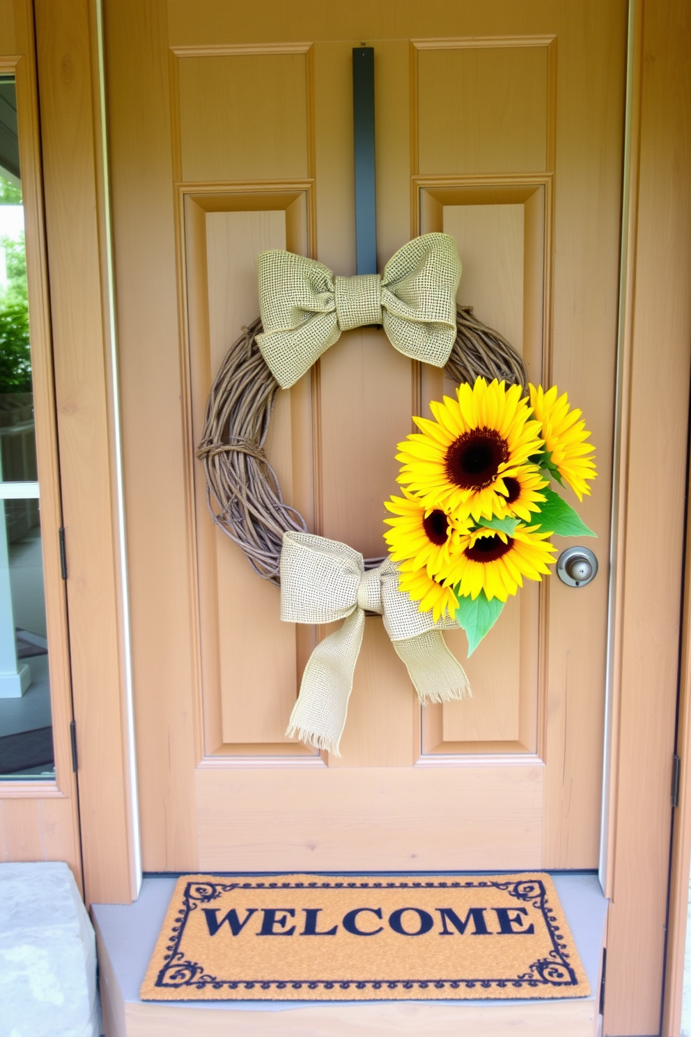 A charming front door adorned with a burlap bow wreath featuring vibrant sunflowers. The wreath is complemented by a rustic wooden door and a welcome mat that adds a touch of warmth to the summer decor.