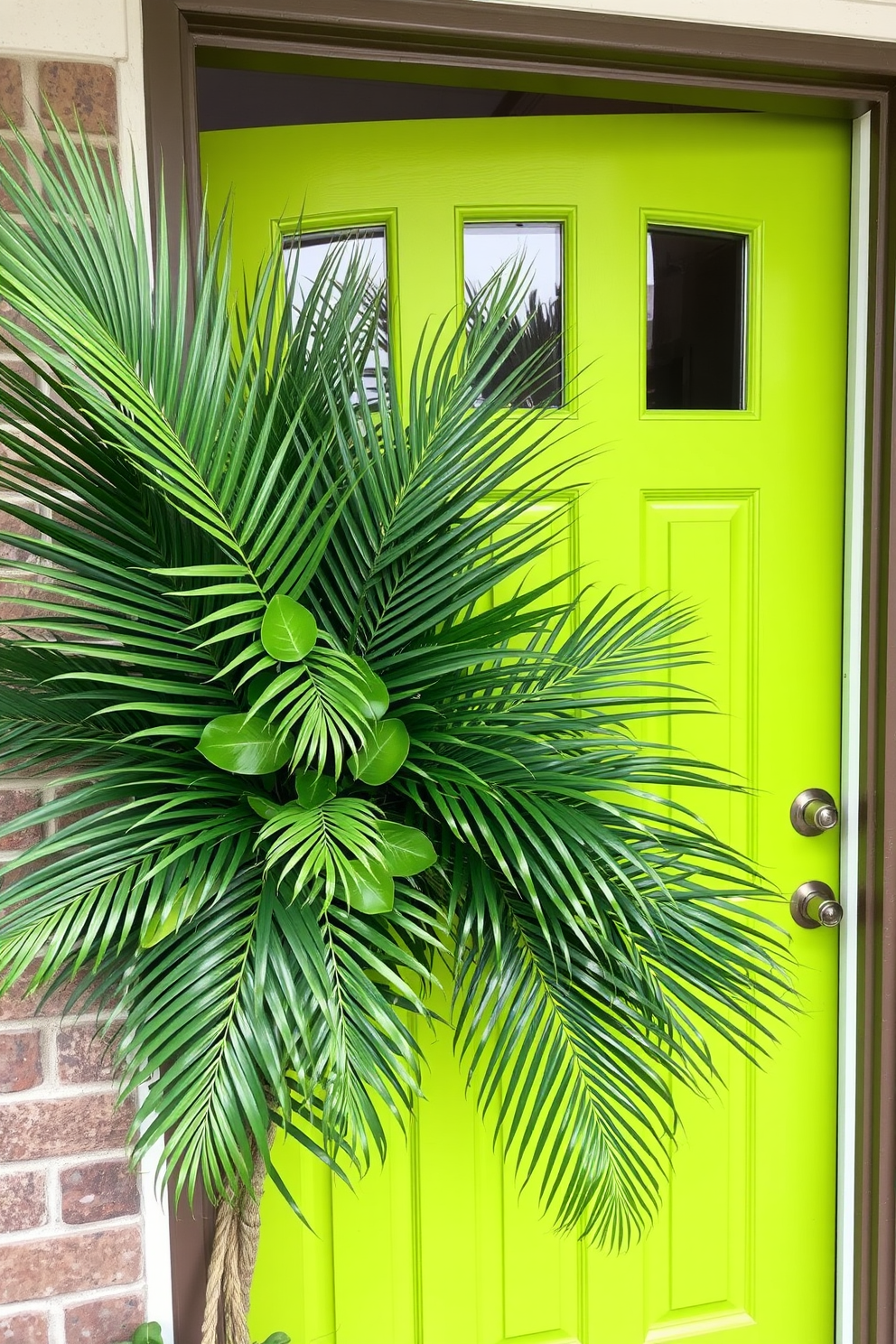 A vibrant front door adorned with an arrangement of tropical leaves and palm fronds creates a welcoming summer atmosphere. The bold greens of the foliage contrast beautifully with the bright color of the door, inviting guests into a lively and refreshing space.