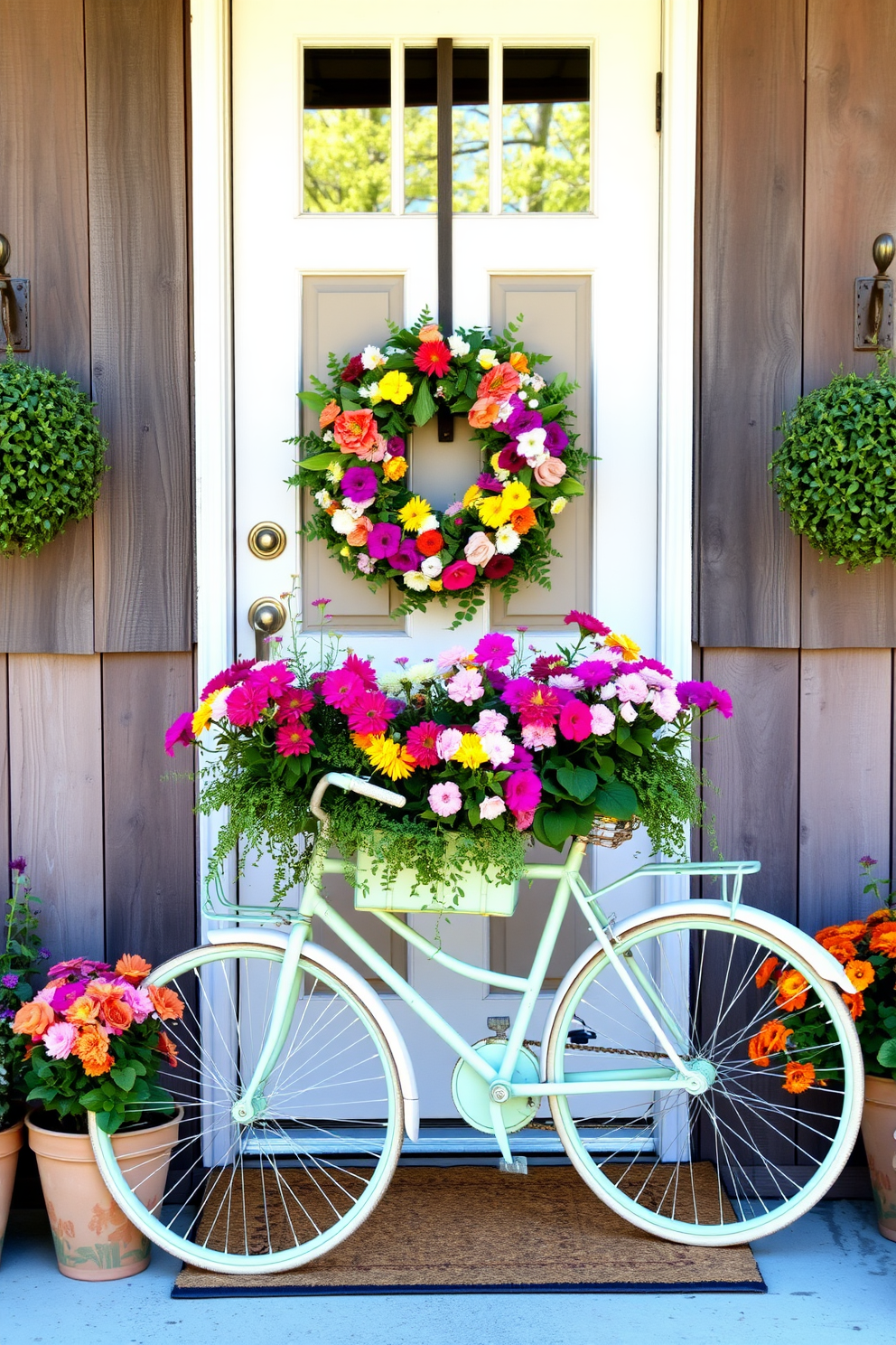 A charming vintage bicycle is transformed into a delightful planter overflowing with colorful flowers. The bicycle, painted in a soft pastel hue, is positioned against a rustic wooden fence, creating a whimsical focal point. The front door is adorned with a cheerful summer wreath made of vibrant blooms and greenery. Flanking the door, potted plants in varying heights add depth and invite guests into a warm and welcoming entryway.