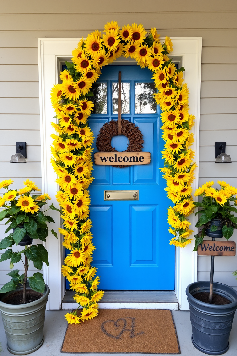 A charming front door adorned with a vibrant sunflower garland that gracefully drapes across the top. The door is painted a cheerful blue, complemented by a rustic wooden welcome sign and potted plants on either side.