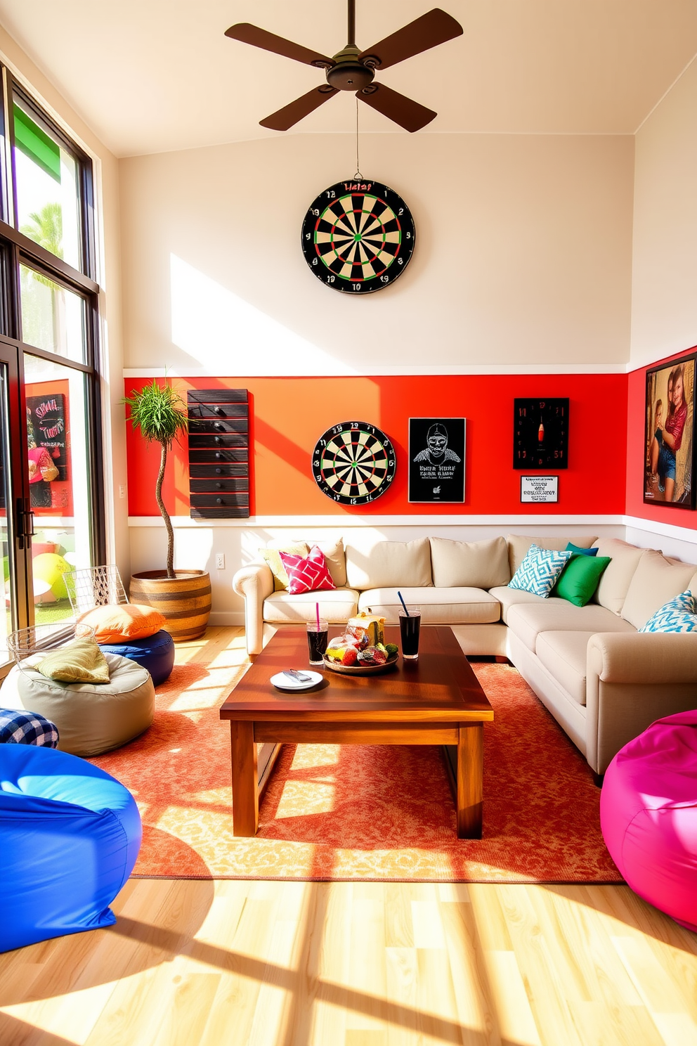 A vibrant summer game room designed for casual competition features a sleek dartboard mounted on a bright accent wall. The room is filled with comfortable seating, including a large sectional sofa and colorful bean bags, creating an inviting atmosphere for friends and family to gather. Natural light floods the space through large windows, enhancing the cheerful ambiance. A wooden coffee table sits at the center, adorned with snacks and drinks, perfect for enjoying games and laughter together.