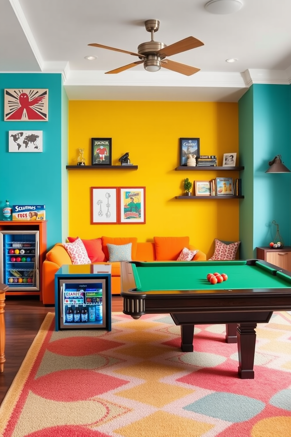 A vibrant summer game room featuring a cozy seating area with a sectional sofa in bright colors. A mini fridge is tucked into a stylish cabinet, stocked with refreshments for guests to enjoy during game nights. The walls are adorned with playful artwork and shelves displaying board games and trophies. A large area rug anchors the space, while a pool table takes center stage, inviting friendly competition.